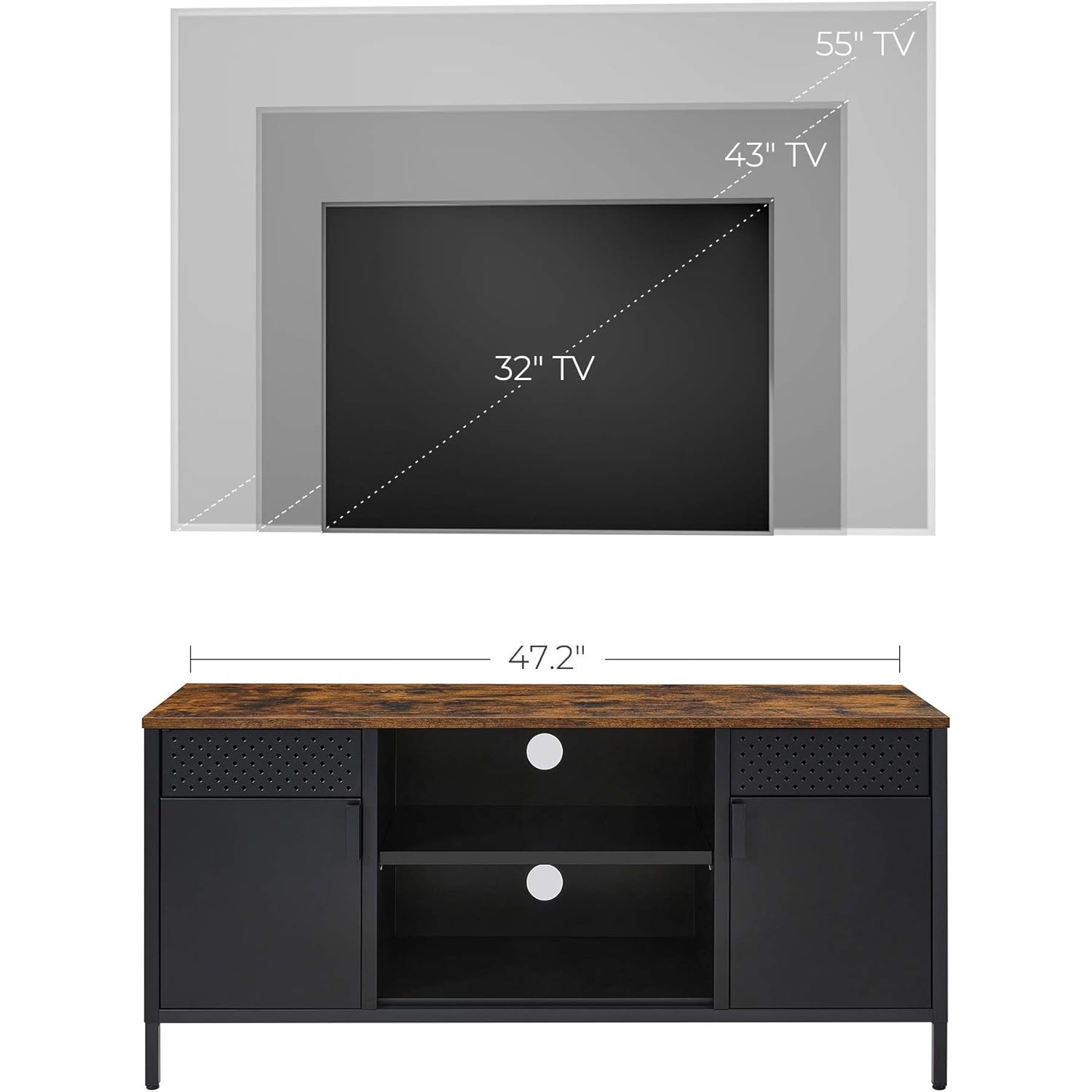SONGMICS TV Stand for Up to 55 Inches – Rustic Brown and Black TV Cabinet with Doors and Adjustable Shelves
