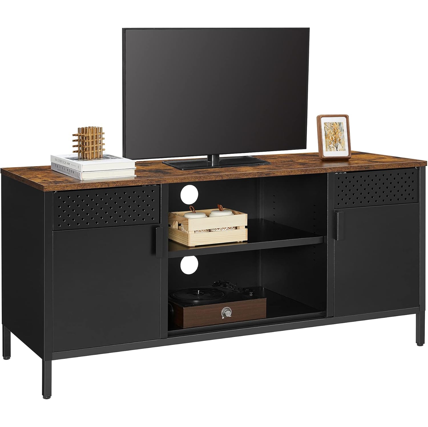SONGMICS TV Stand for Up to 55 Inches – Rustic Brown and Black TV Cabinet with Doors and Adjustable Shelves