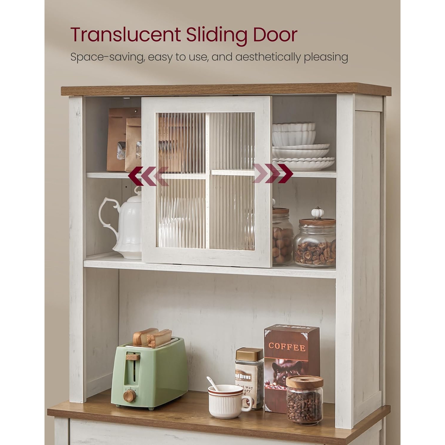 VASAGLE 71" Farmhouse Style Kitchen Pantry Cabinet with Lights and Charging Station – Rustic White with Doors, Drawer, and Adjustable Shelves