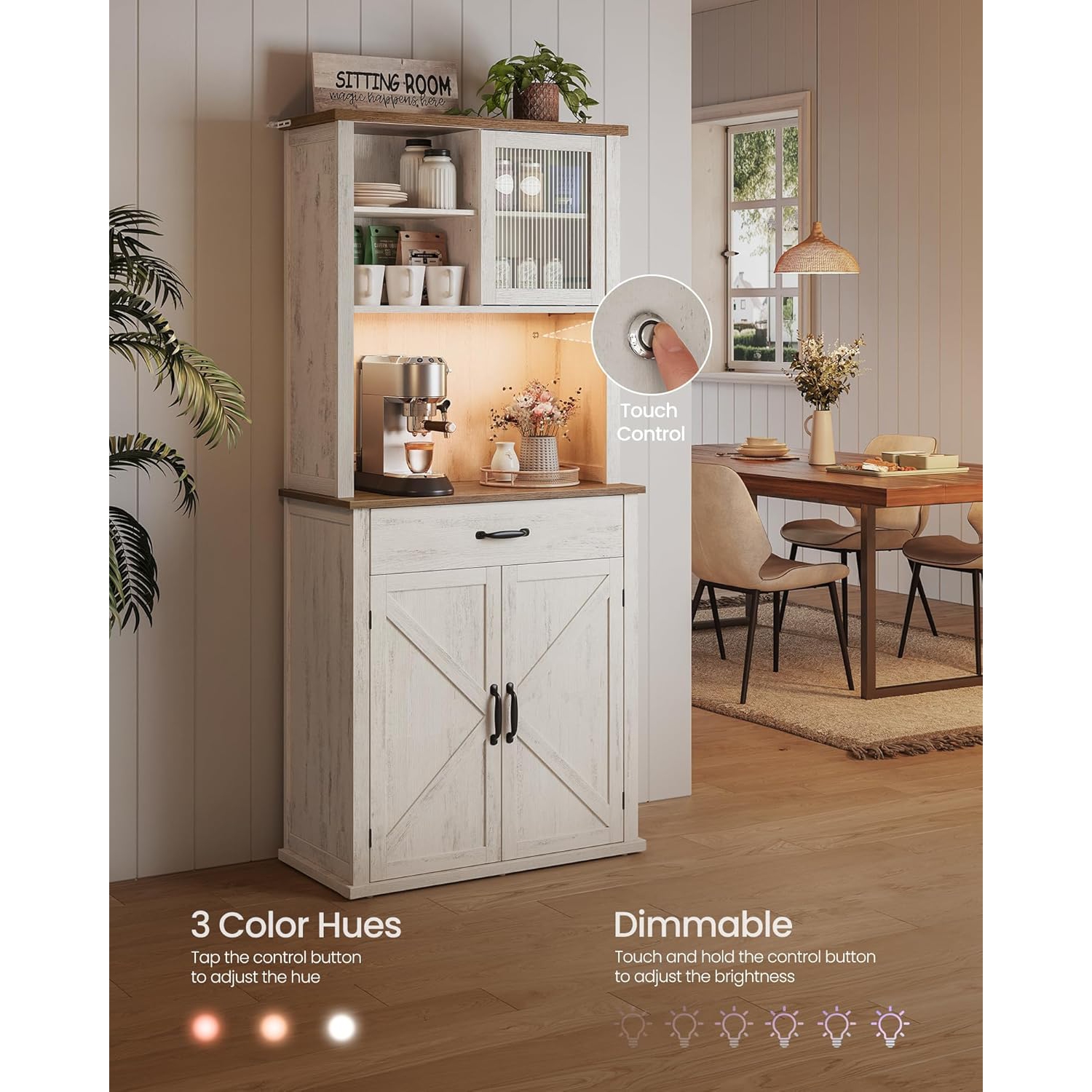 VASAGLE 71" Farmhouse Style Kitchen Pantry Cabinet with Lights and Charging Station – Rustic White with Doors, Drawer, and Adjustable Shelves