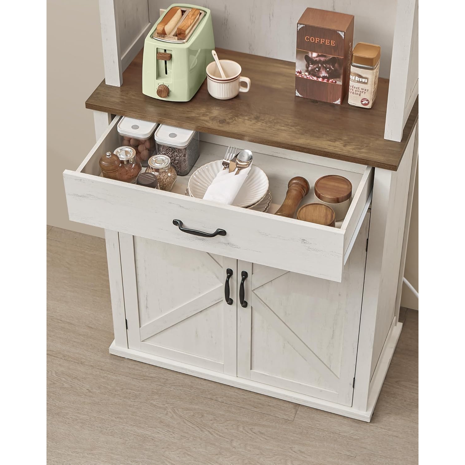 VASAGLE 71" Farmhouse Style Kitchen Pantry Cabinet with Lights and Charging Station – Rustic White with Doors, Drawer, and Adjustable Shelves