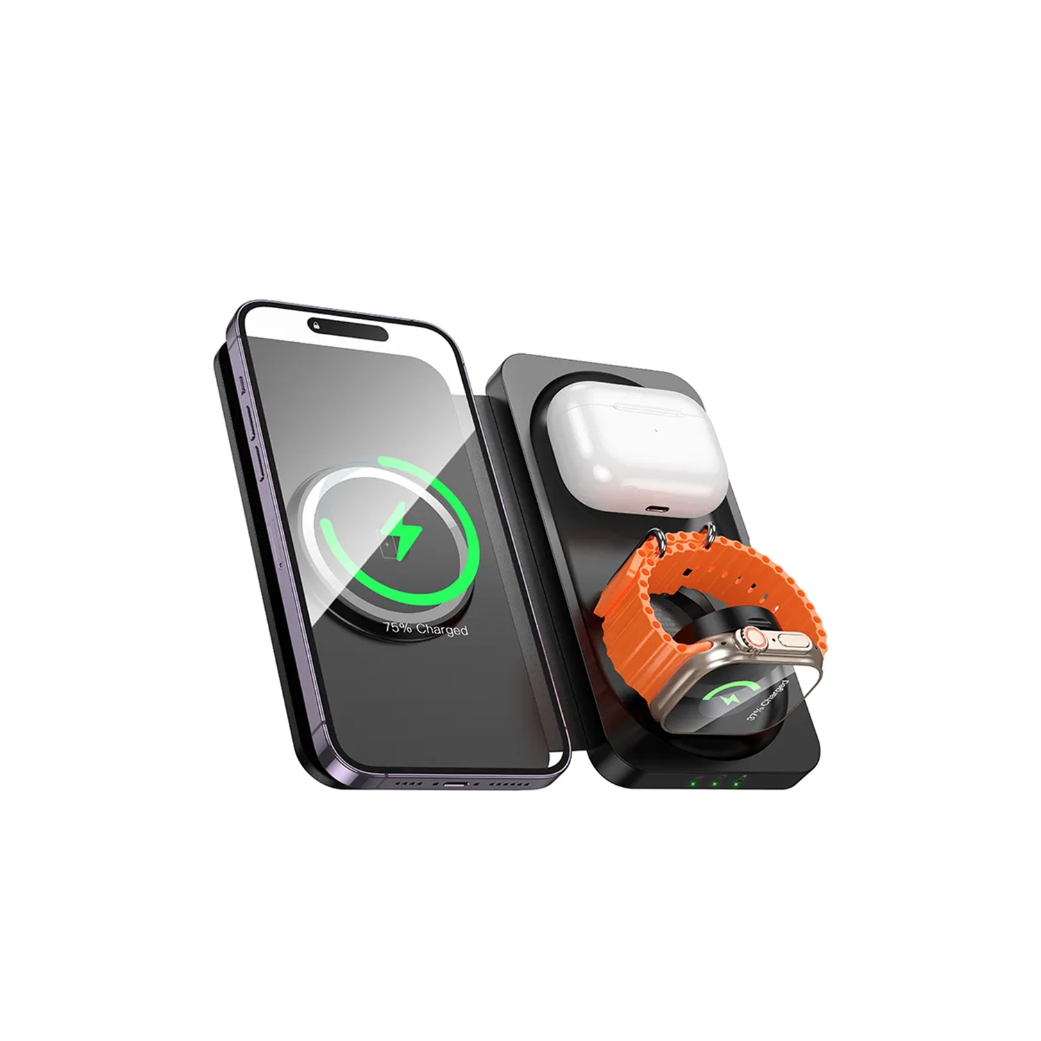 Chargeur magnétique sans fil 3-en-1 Station de recharge pliable pour Apple Watch iWatch AirPods iPhone, noir