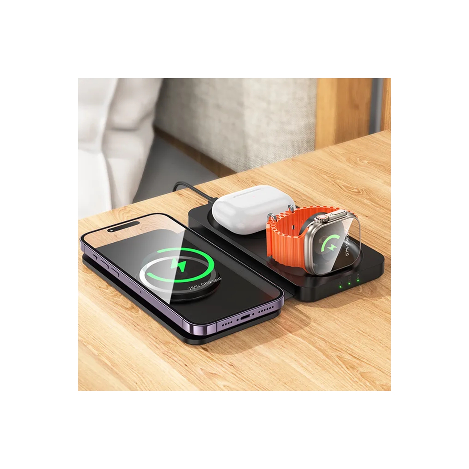 Chargeur magnétique sans fil 3-en-1 Station de recharge pliable pour Apple Watch iWatch AirPods iPhone, noir