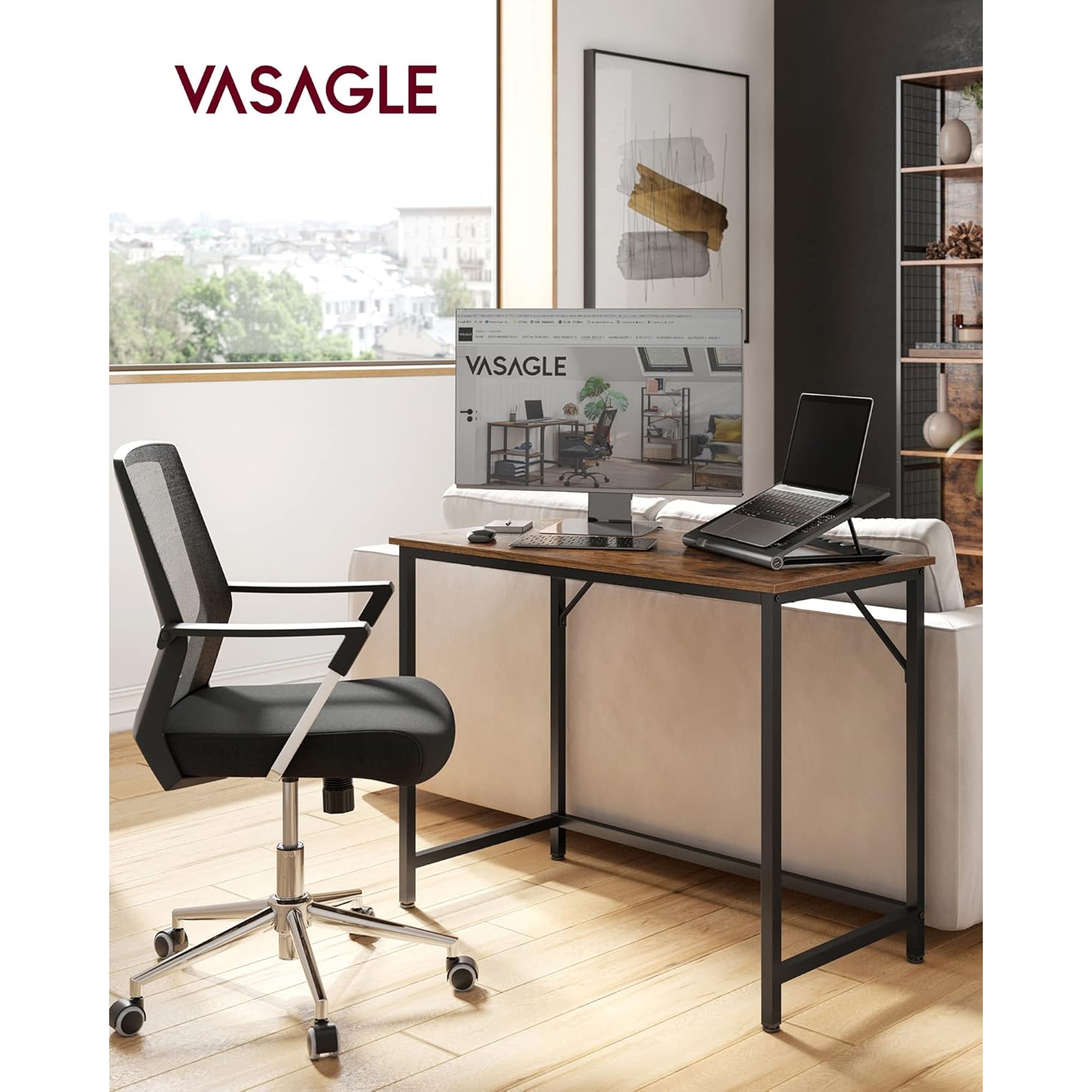 VASAGLE Office Work Desk Ideal for Study, Bedroom, Home Office, and Living Room in Rustic Brown and Ink Black