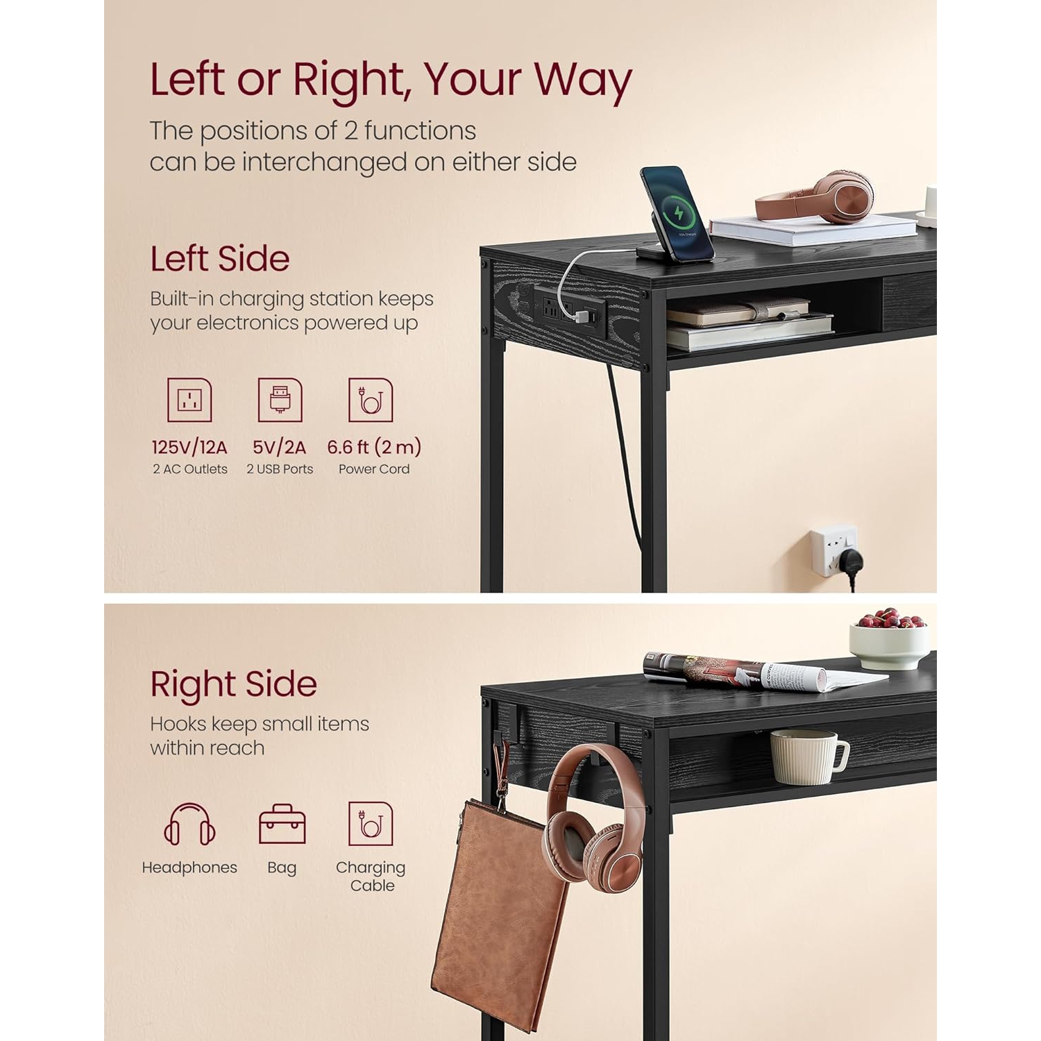 Bureau de rangement VASAGLE, noir ébène avec prises de courant, tiroir mobile en tissu non tissé et crochets