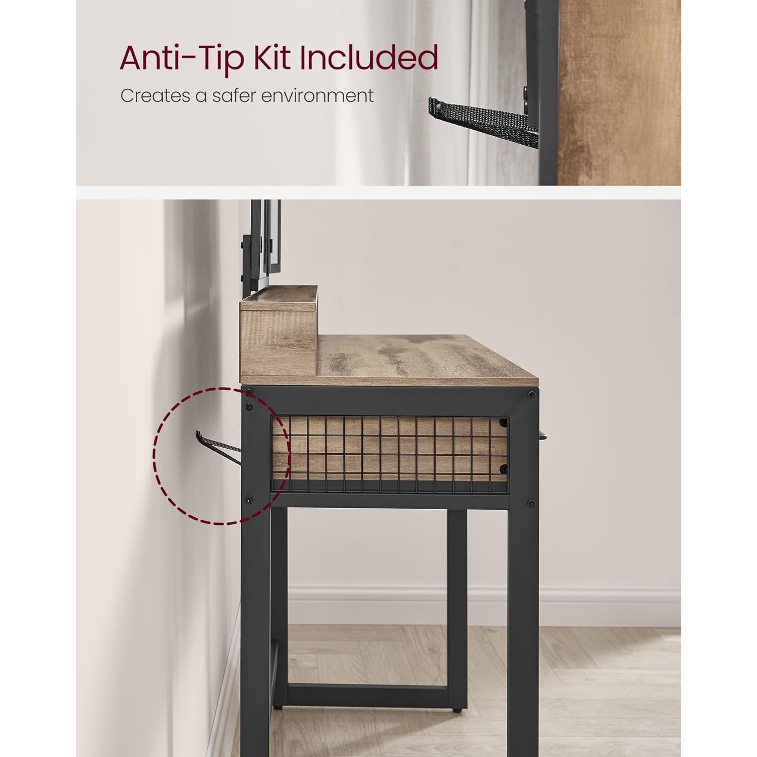 VASAGLE Meuble-lavabo de style industriel avec miroir à trois volets, 3 tiroirs et porte-pinceau brun chameau et noir