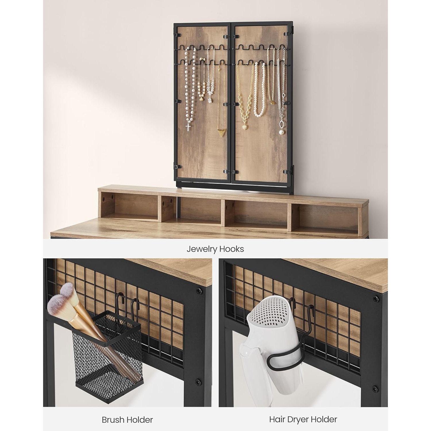 VASAGLE Meuble-lavabo de style industriel avec miroir à trois volets, 3 tiroirs et porte-pinceau brun chameau et noir