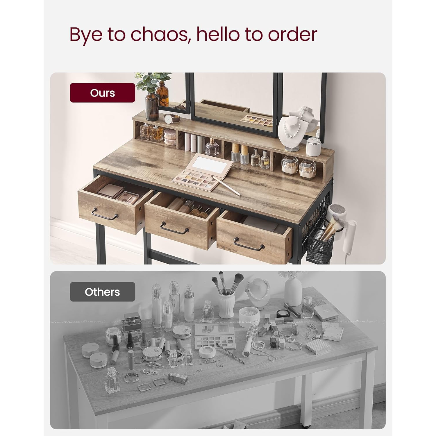 VASAGLE Meuble-lavabo de style industriel avec miroir à trois volets, 3 tiroirs et porte-pinceau brun chameau et noir