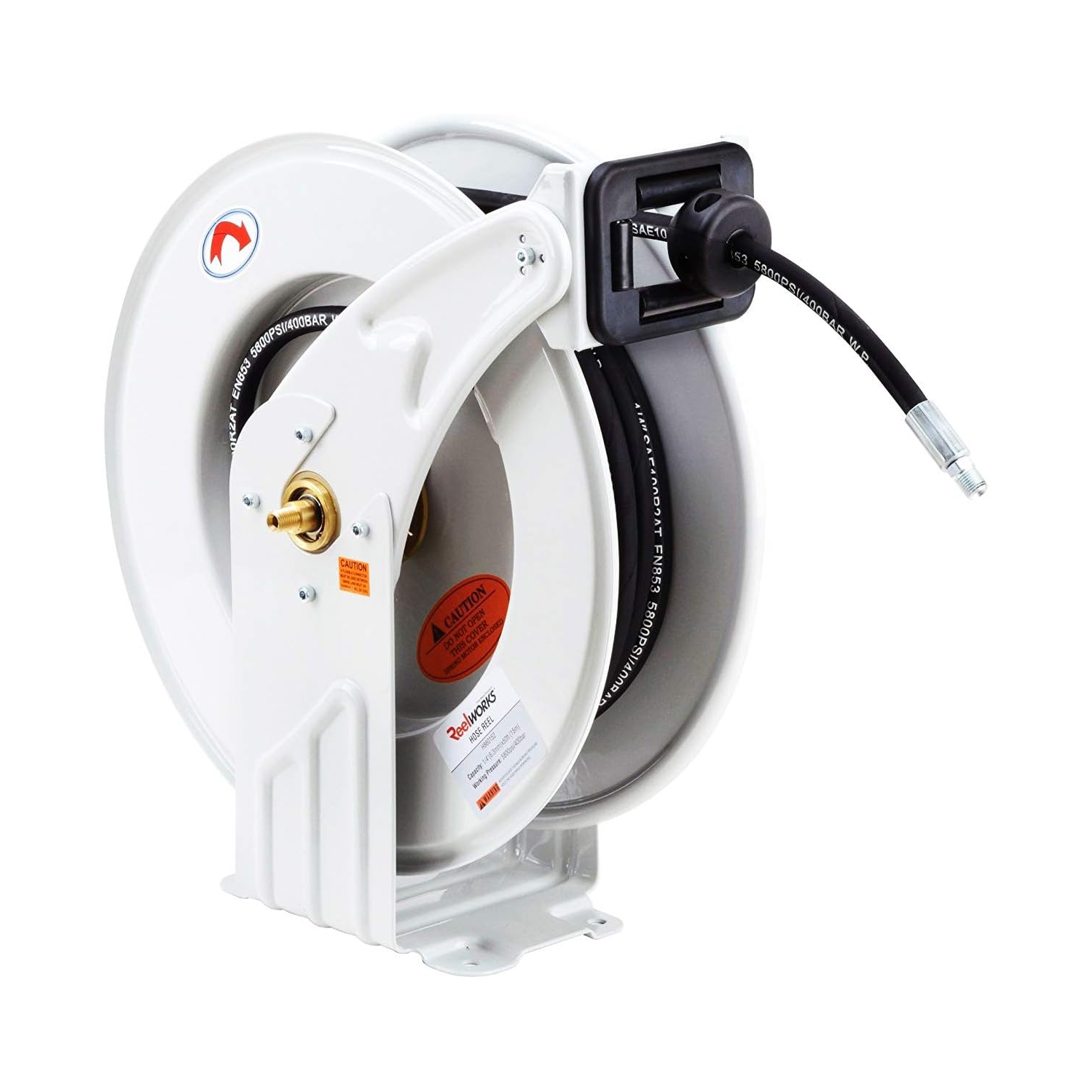 ReelWorks Oil Hose Reel Retractable 1/2" Inch x 50' Foot Long Premium Commercial SAE100R1AT Hose Max 2320 PSI Industrial Dual Arm Steel Construction