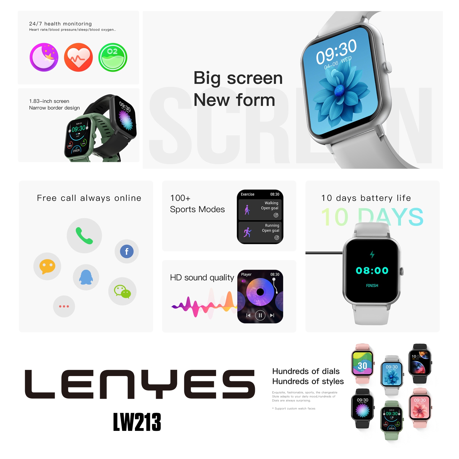 LENYES Smartwatch | 1.83″ HD Display • BT 5.1 Calling • 100+ Sports Modes • Magnetic Charge • IP67 Waterproof
