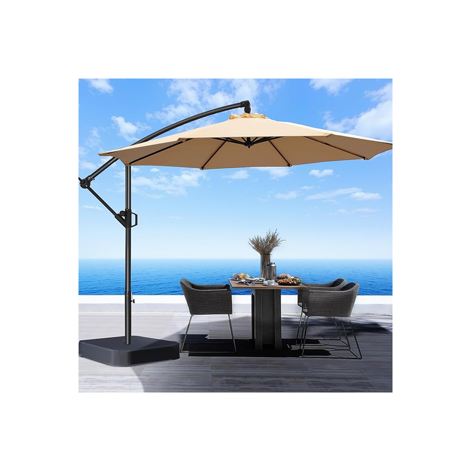 HOMSHADE 10ft Cantilever Offset Patio Umbrella with Base Included UPF50+ UV Protection with Easy Tilt and Crank for Pool Deck and Garden(Beige)