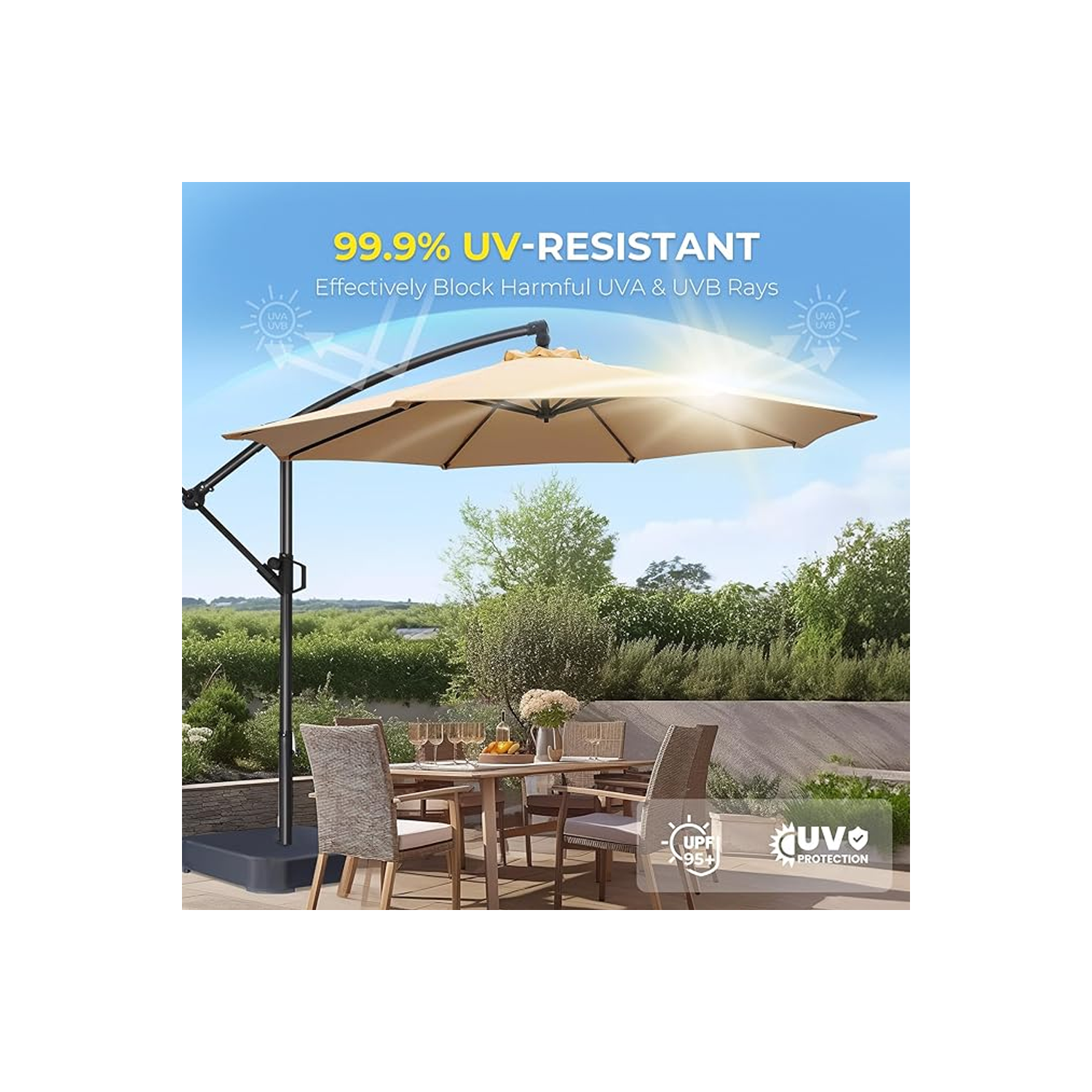 HOMSHADE 10ft Cantilever Offset Patio Umbrella with Base Included UPF50+ UV Protection with Easy Tilt and Crank for Pool Deck and Garden(Beige)