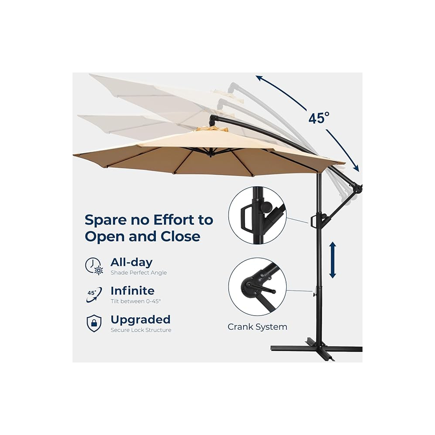 HOMSHADE 10ft Cantilever Offset Patio Umbrella with Base Included UPF50+ UV Protection with Easy Tilt and Crank for Pool Deck and Garden(Beige)