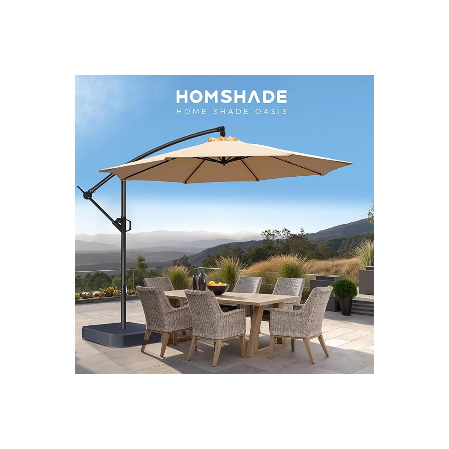 HOMSHADE 10ft Cantilever Offset Patio Umbrella with Base Included UPF50+ UV Protection with Easy Tilt and Crank for Pool Deck and Garden(Beige)