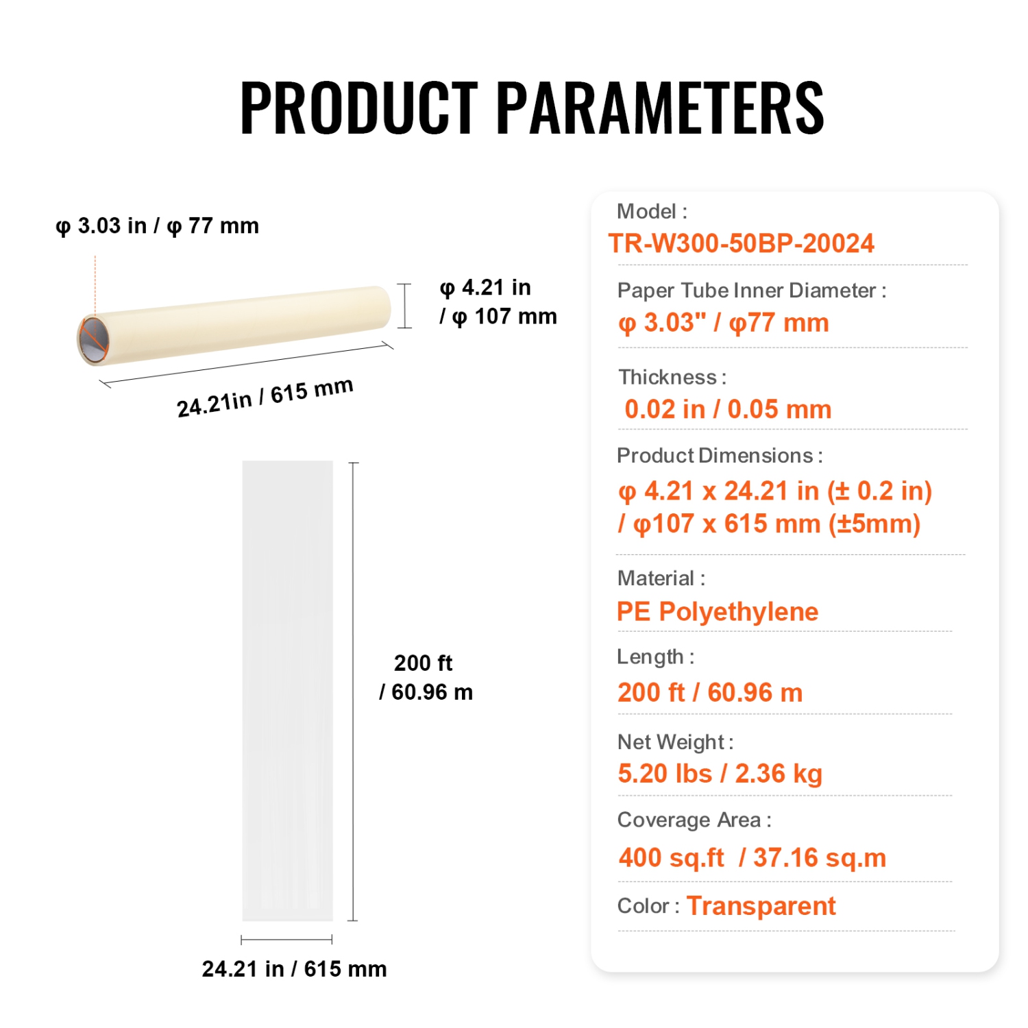 VEVOR 24" x 200' Carpet Protection Film, Floor and Surface Shield with Self Adhesive Backing & Easy Installation, Polyethylene Adhesive Car Mat