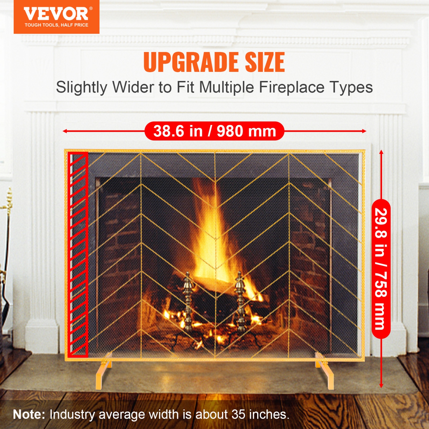 VEVOR 38.6"(L) x29.8"(H) Fireplace Screen Single Panel, Sturdy Iron Mesh Fireplace Screen, Spark Guard Cover, Simple Installation, Free Standing Fire