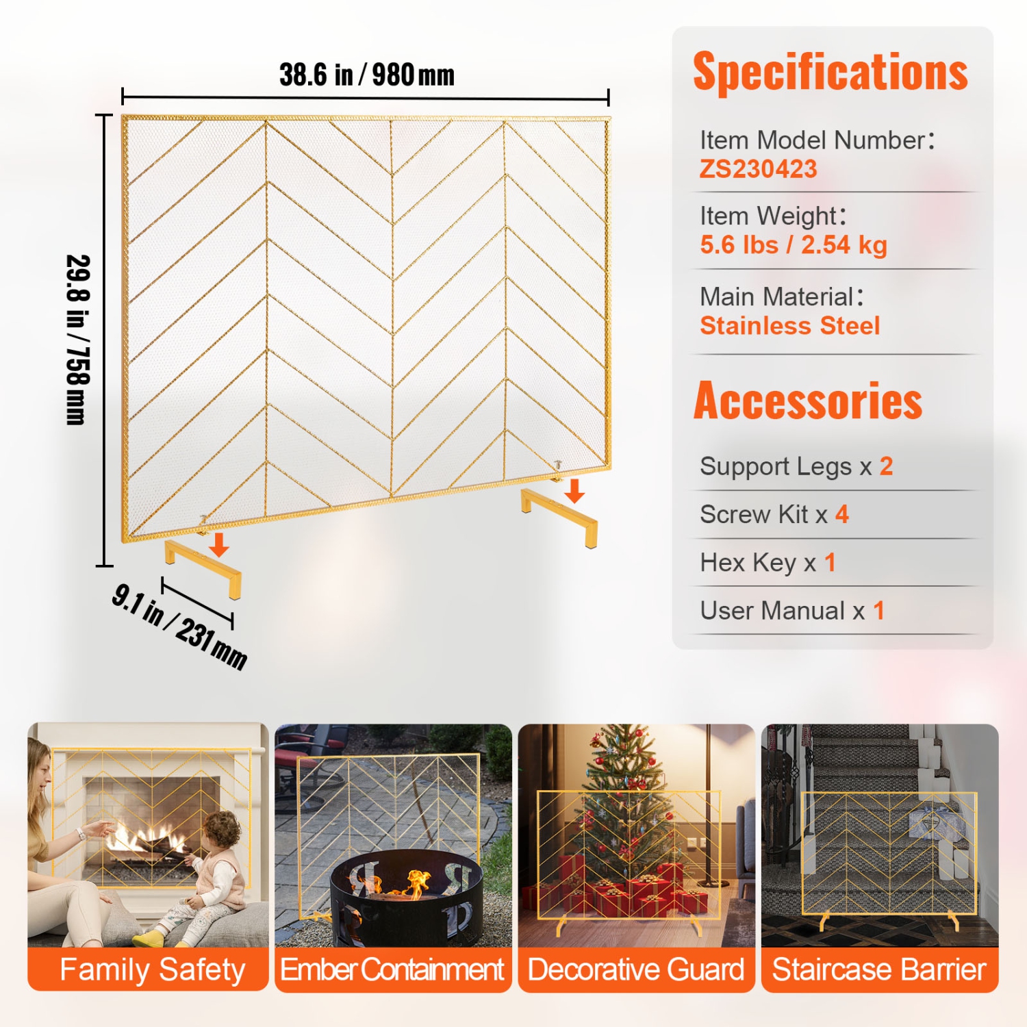 VEVOR 38.6"(L) x29.8"(H) Fireplace Screen Single Panel, Sturdy Iron Mesh Fireplace Screen, Spark Guard Cover, Simple Installation, Free Standing Fire