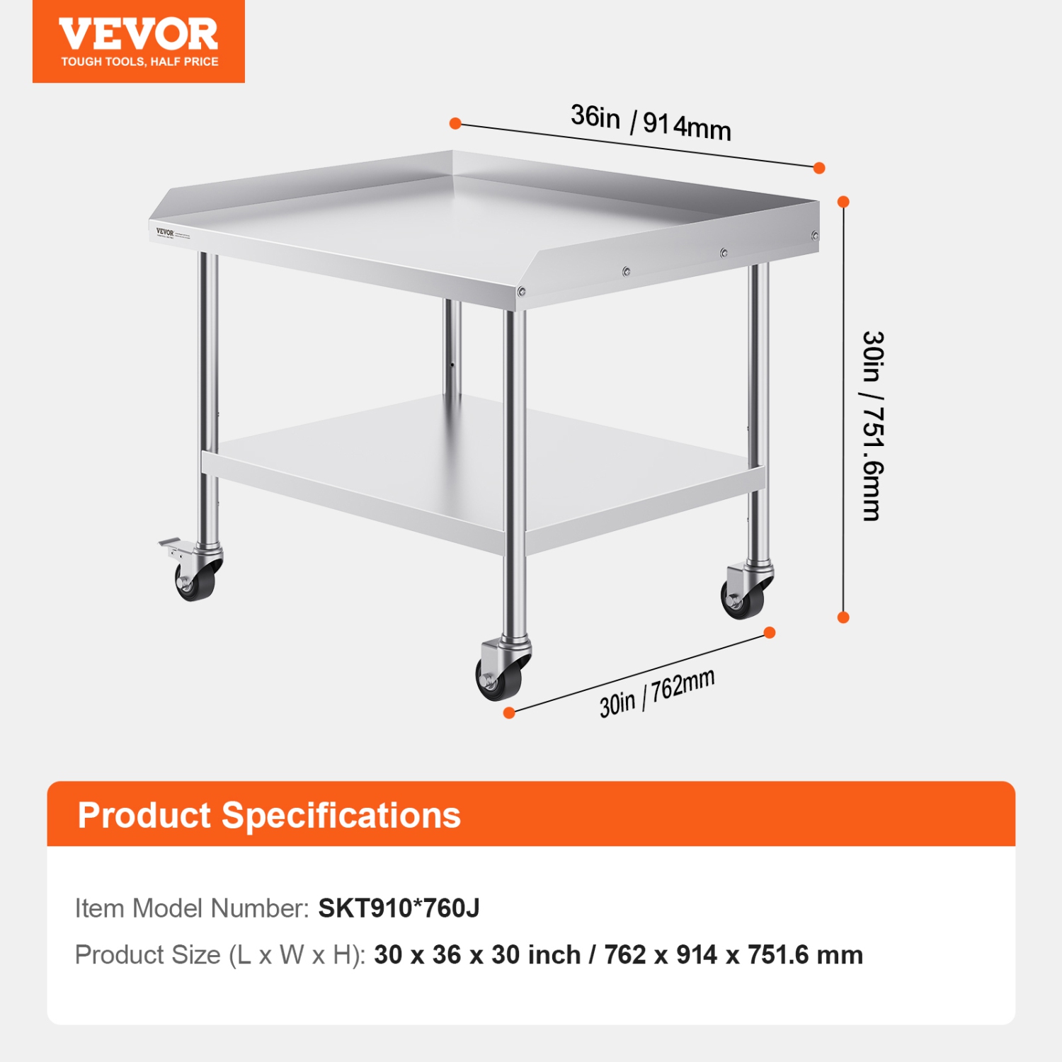 VEVOR 30 x 36 x 30 Inch Stainless Steel Work Table, Commercial Food Prep Worktable with 4 Wheels, Casters, 3-Sided Backsplash Heavy Duty Prep