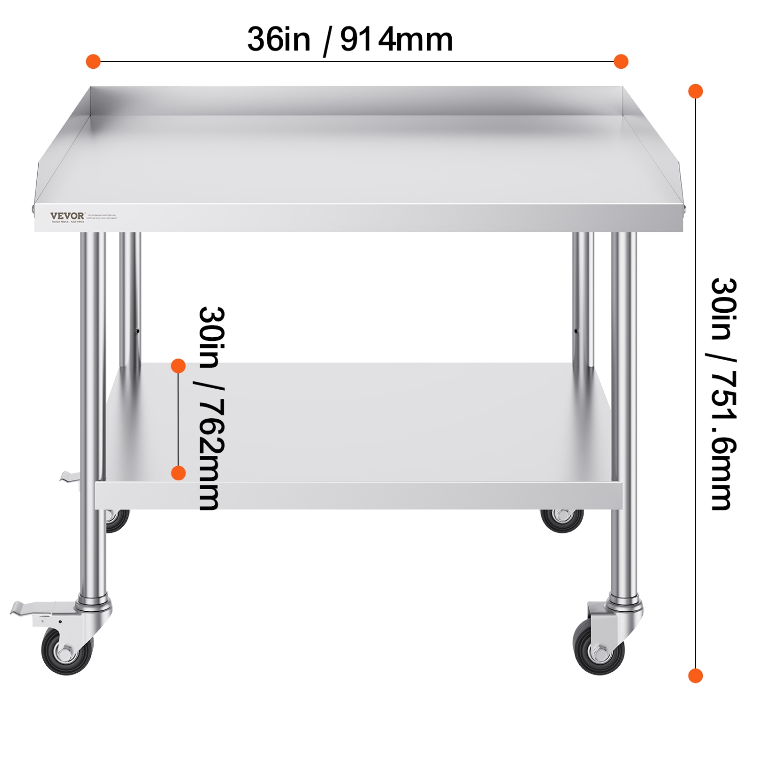VEVOR 30 x 36 x 30 Inch Stainless Steel Work Table, Commercial Food Prep Worktable with 4 Wheels, Casters, 3-Sided Backsplash Heavy Duty Prep
