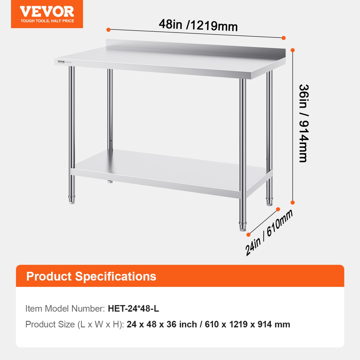 VEVOR 24 x 48 x 36 Inch Stainless Steel Work Table, Commercial Food Prep Worktable Heavy Duty Prep Worktable, Metal Work Table with Adjustable Height