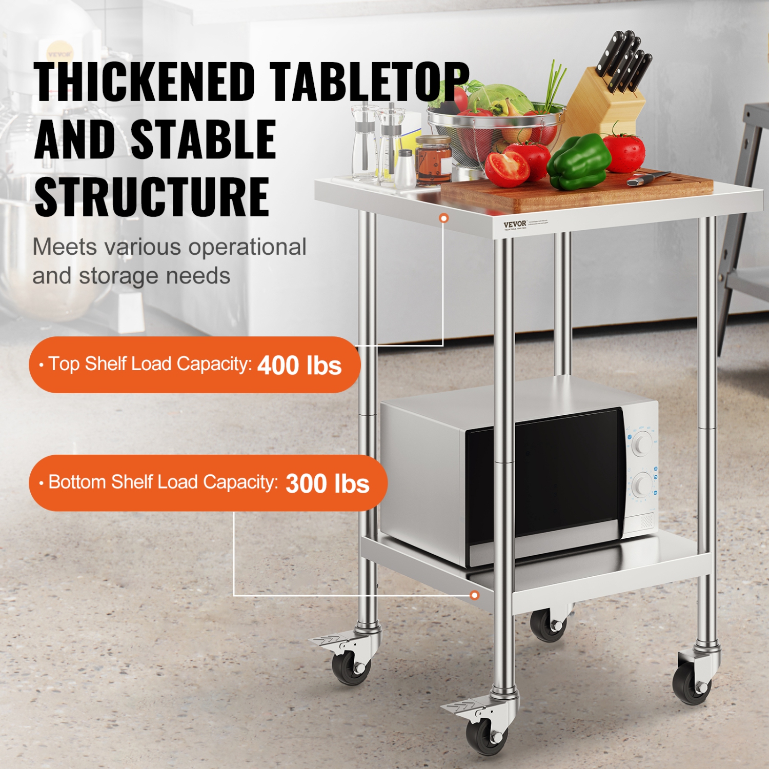 VEVOR 24 x 24 x 38 Inch Stainless Steel Work Table, with 4 Wheels, 3 Adjustable Height Levels, Heavy Duty Food Prep Worktable for Commercial Kitchen