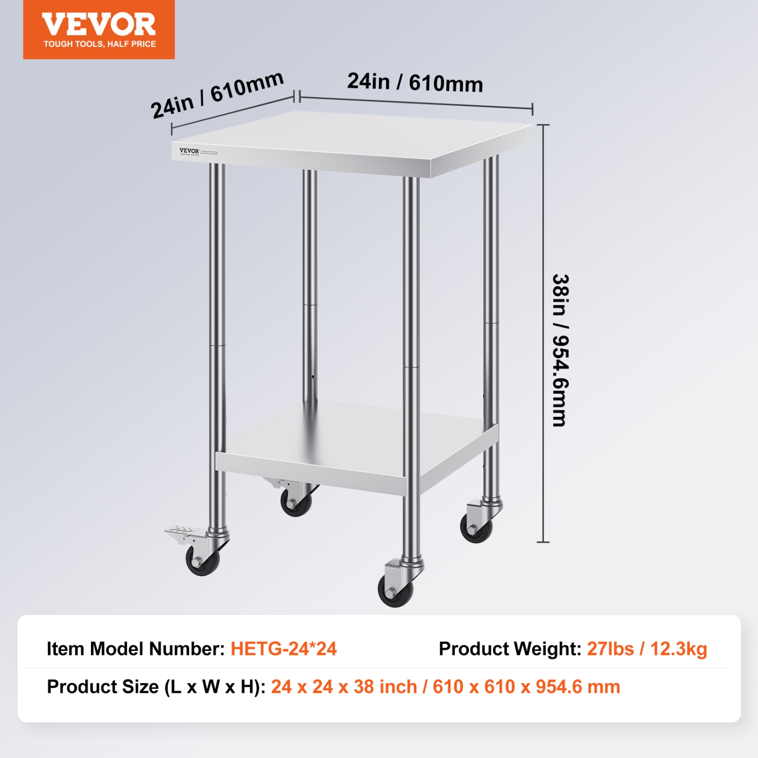 VEVOR 24 x 24 x 38 Inch Stainless Steel Work Table, with 4 Wheels, 3 Adjustable Height Levels, Heavy Duty Food Prep Worktable for Commercial Kitchen