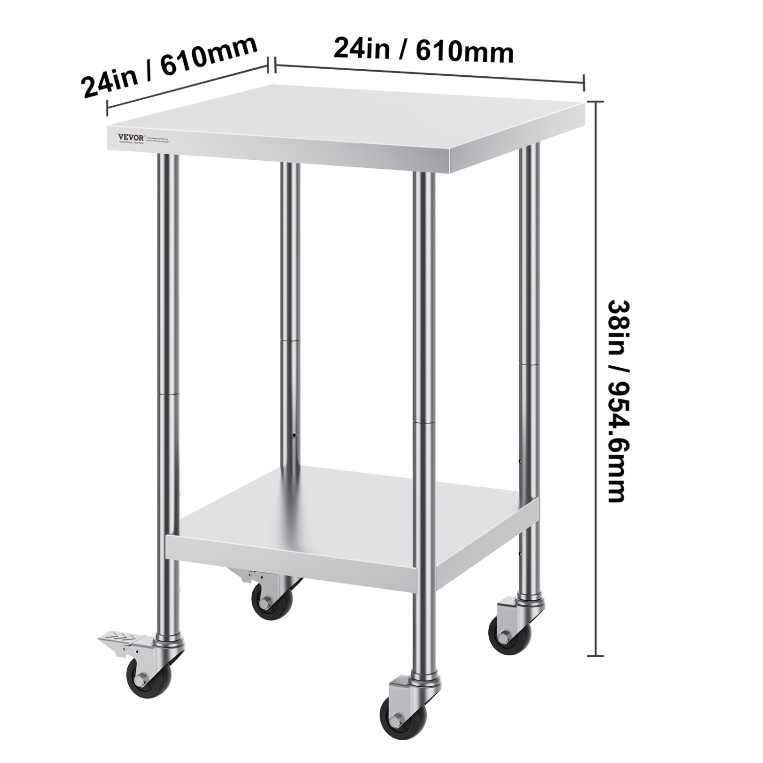 VEVOR 24 x 24 x 38 Inch Stainless Steel Work Table, with 4 Wheels, 3 Adjustable Height Levels, Heavy Duty Food Prep Worktable for Commercial Kitchen