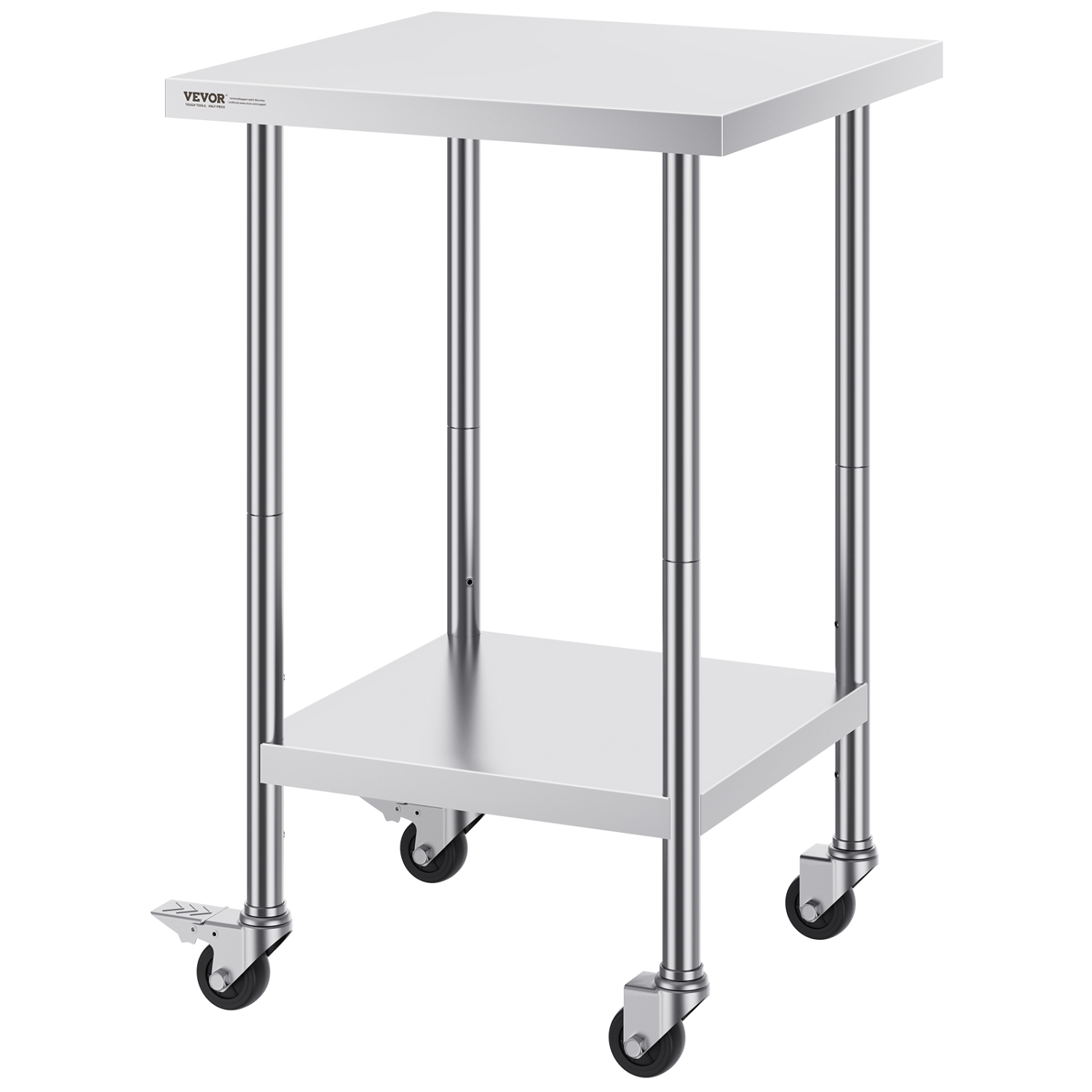 VEVOR 24 x 24 x 38 Inch Stainless Steel Work Table, with 4 Wheels, 3 Adjustable Height Levels, Heavy Duty Food Prep Worktable for Commercial Kitchen