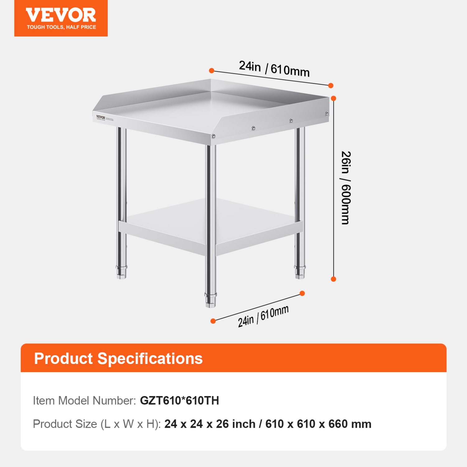 VEVOR 24 x 24 x 26 Inch Stainless Steel Work Table, Commercial Food Prep Worktable, 3-Sided Backsplash Heavy Duty Prep Worktable, Metal Work Table