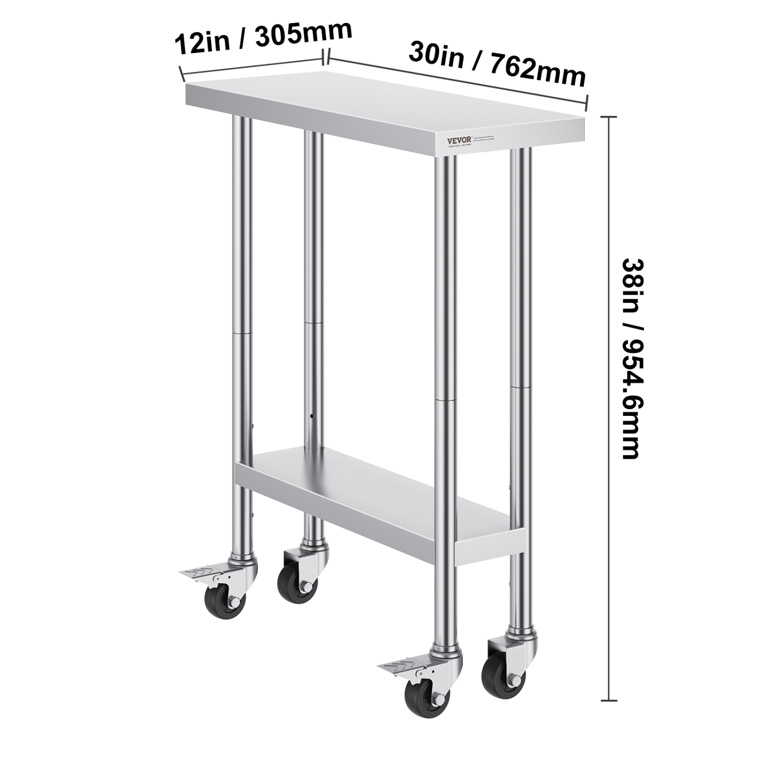 Table de travail en acier inoxydable VEVOR de 30 x 12 x 38&nbsp;po avec 4 roulettes, 3 hauteurs réglables, table de préparation des aliments robuste