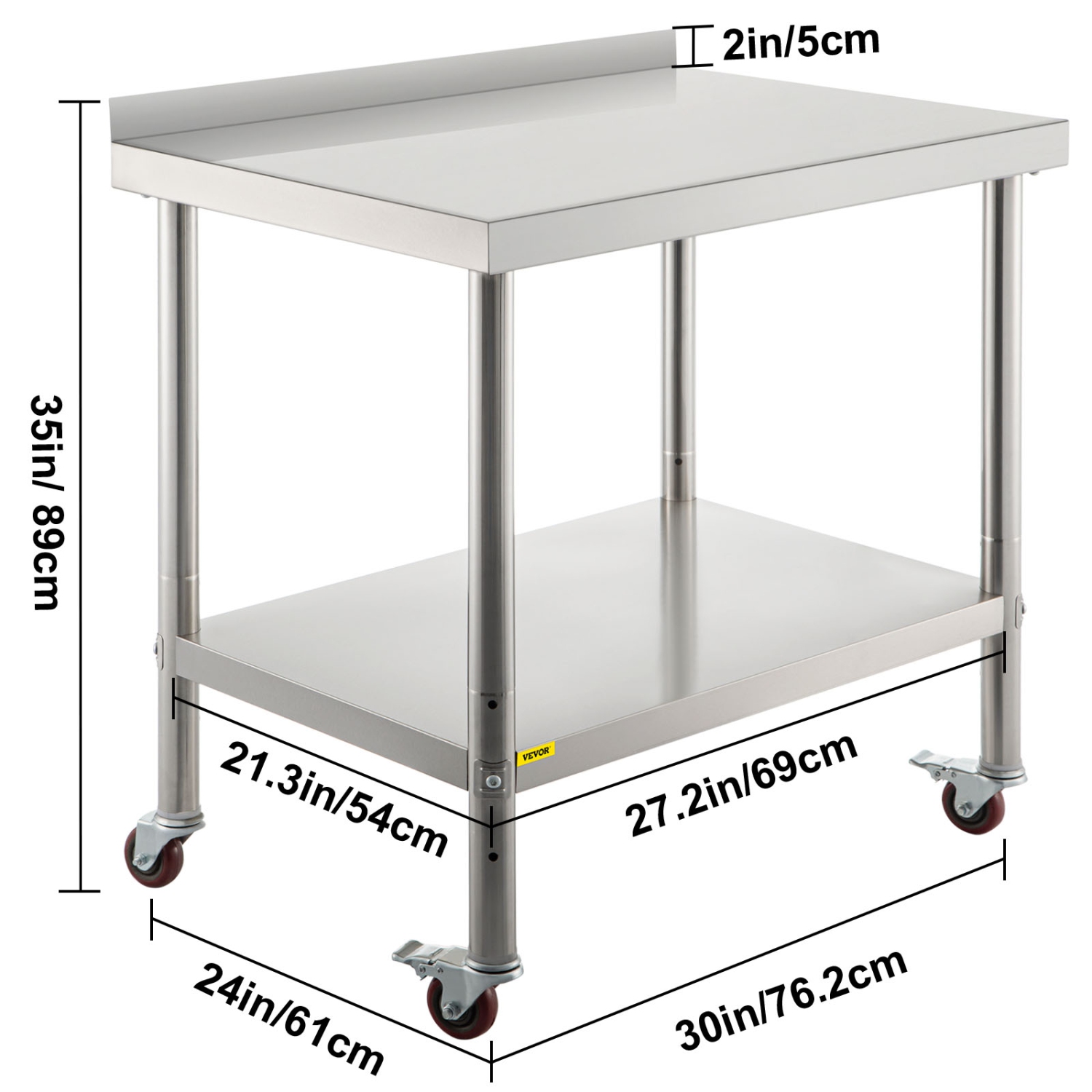VEVOR 30 x 24 x 35 Inch Stainless Steel Prep Table, 440lbs Load Capacity Heavy Duty Metal Worktable with Backsplash Adjustable Undershelf & 4