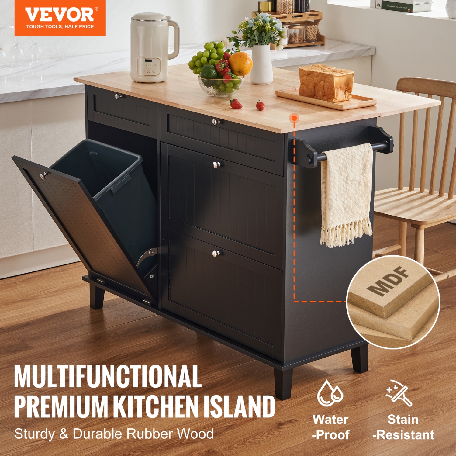 VEVOR 50" Kitchen Island Cart, Wood Top Breakfast Bar with Trash Cabinet Tilt Out 10 Gallon Storage, Farmhouse Dining Living Room Table with Drop