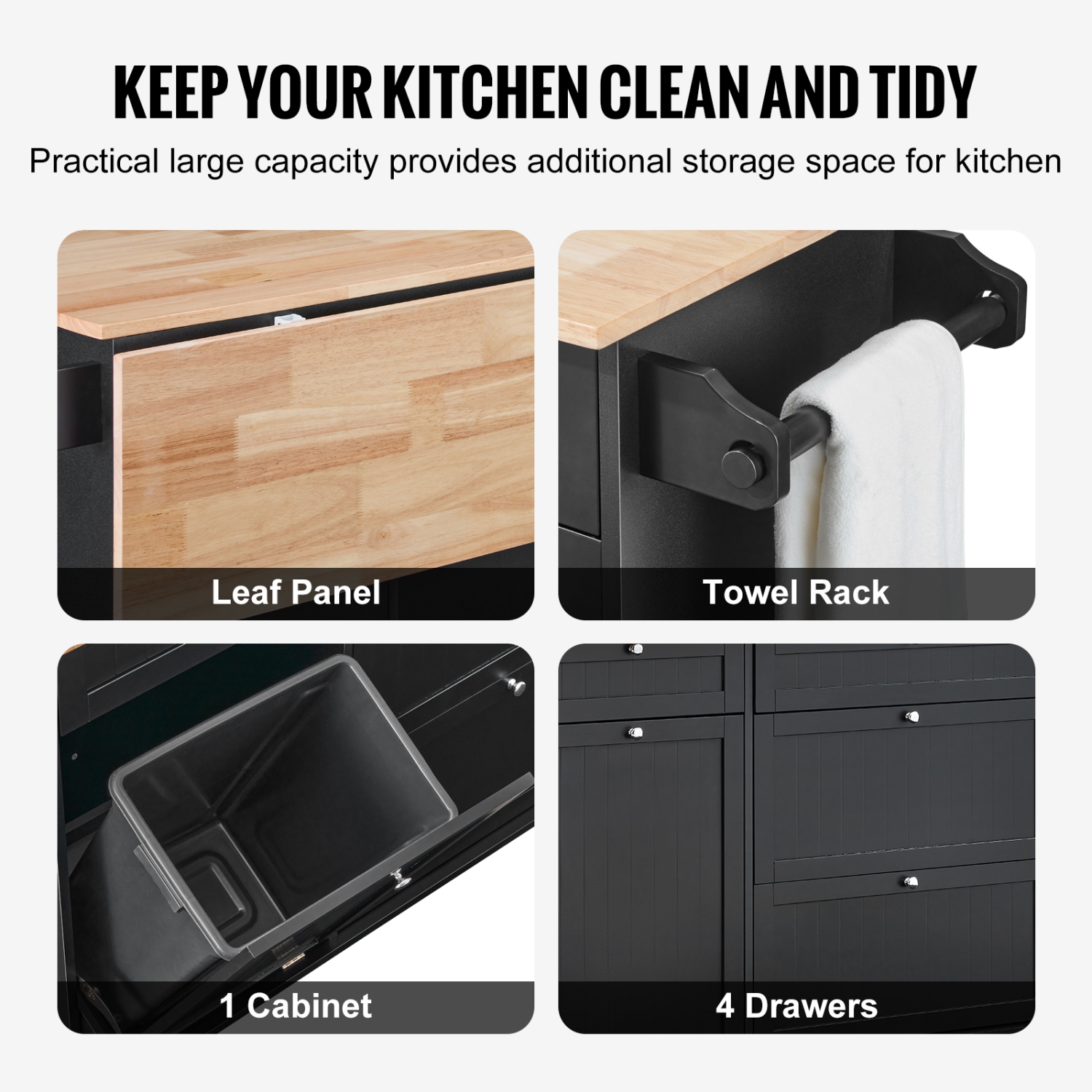 VEVOR 50" Kitchen Island Cart, Wood Top Breakfast Bar with Trash Cabinet Tilt Out 10 Gallon Storage, Farmhouse Dining Living Room Table with Drop