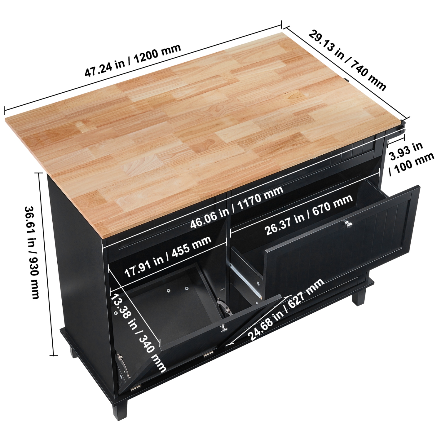 VEVOR 50" Kitchen Island Cart, Wood Top Breakfast Bar with Trash Cabinet Tilt Out 10 Gallon Storage, Farmhouse Dining Living Room Table with Drop