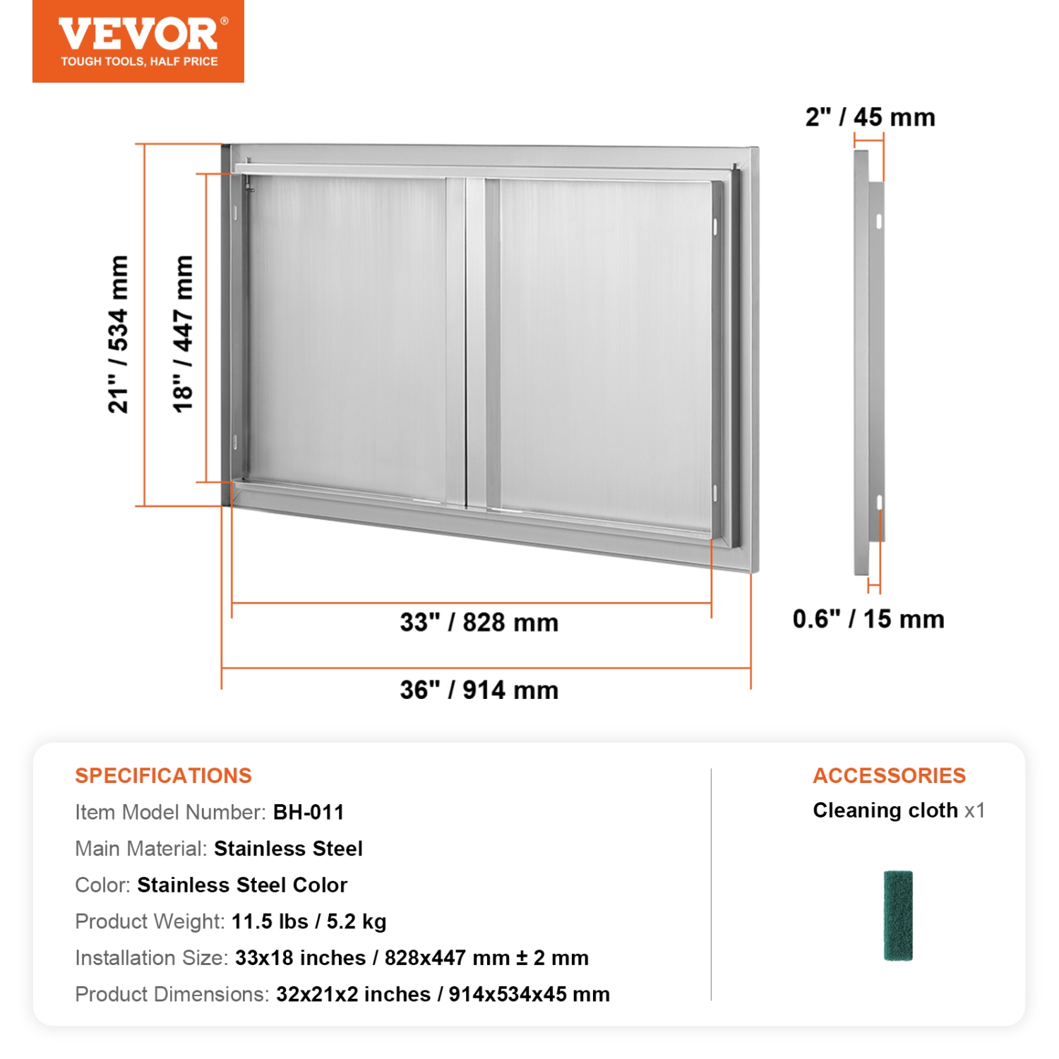 VEVOR 36W x 21H Inch BBQ Access Door, Double Outdoor Kitchen Door, Stainless Steel Flush Mount Door, Wall Vertical Door with Recessed Handles , for
