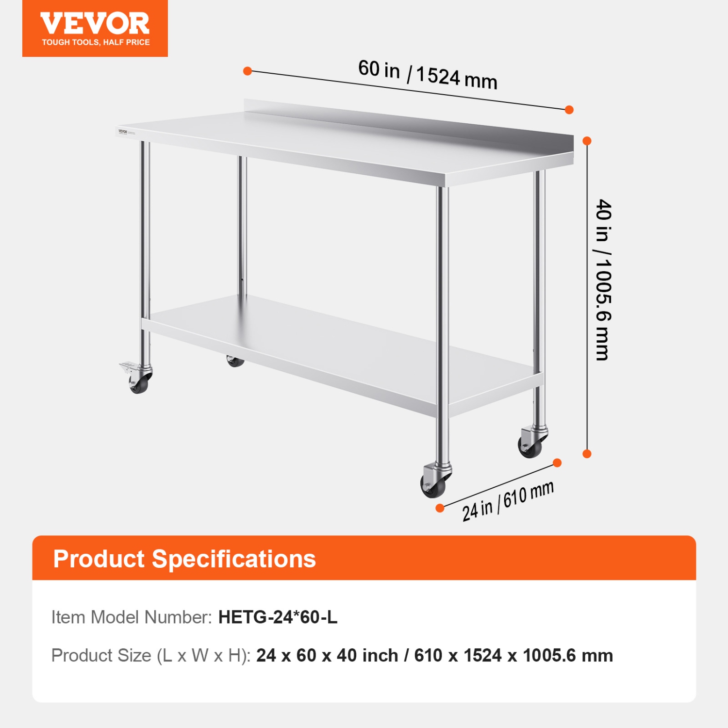 VEVOR 24 x 60 x 40 Inch Stainless Steel Work Table, Commercial Food Prep Worktable with Casters, Heavy Duty Prep Worktable, Metal Work Table with