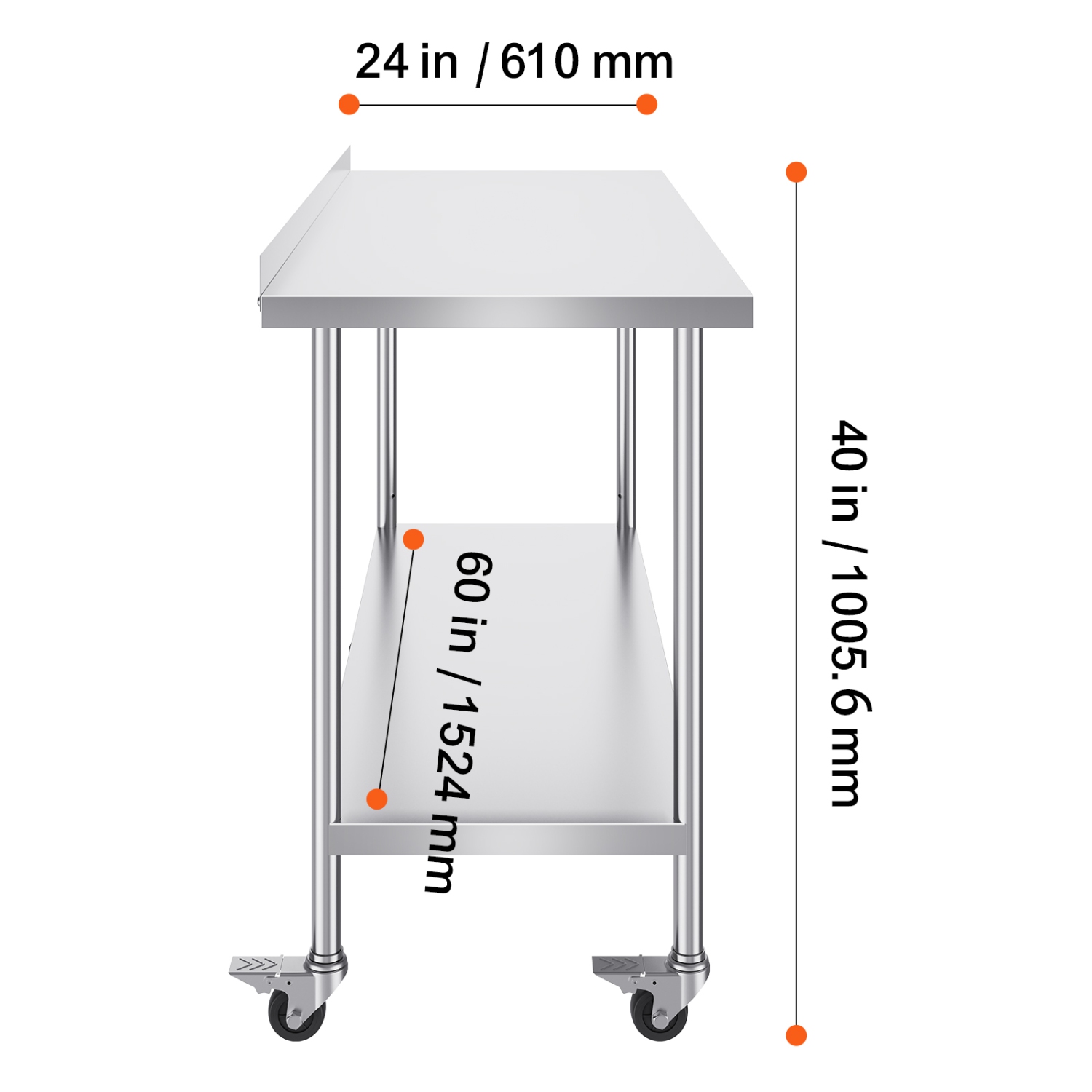 VEVOR 24 x 60 x 40 Inch Stainless Steel Work Table, Commercial Food Prep Worktable with Casters, Heavy Duty Prep Worktable, Metal Work Table with