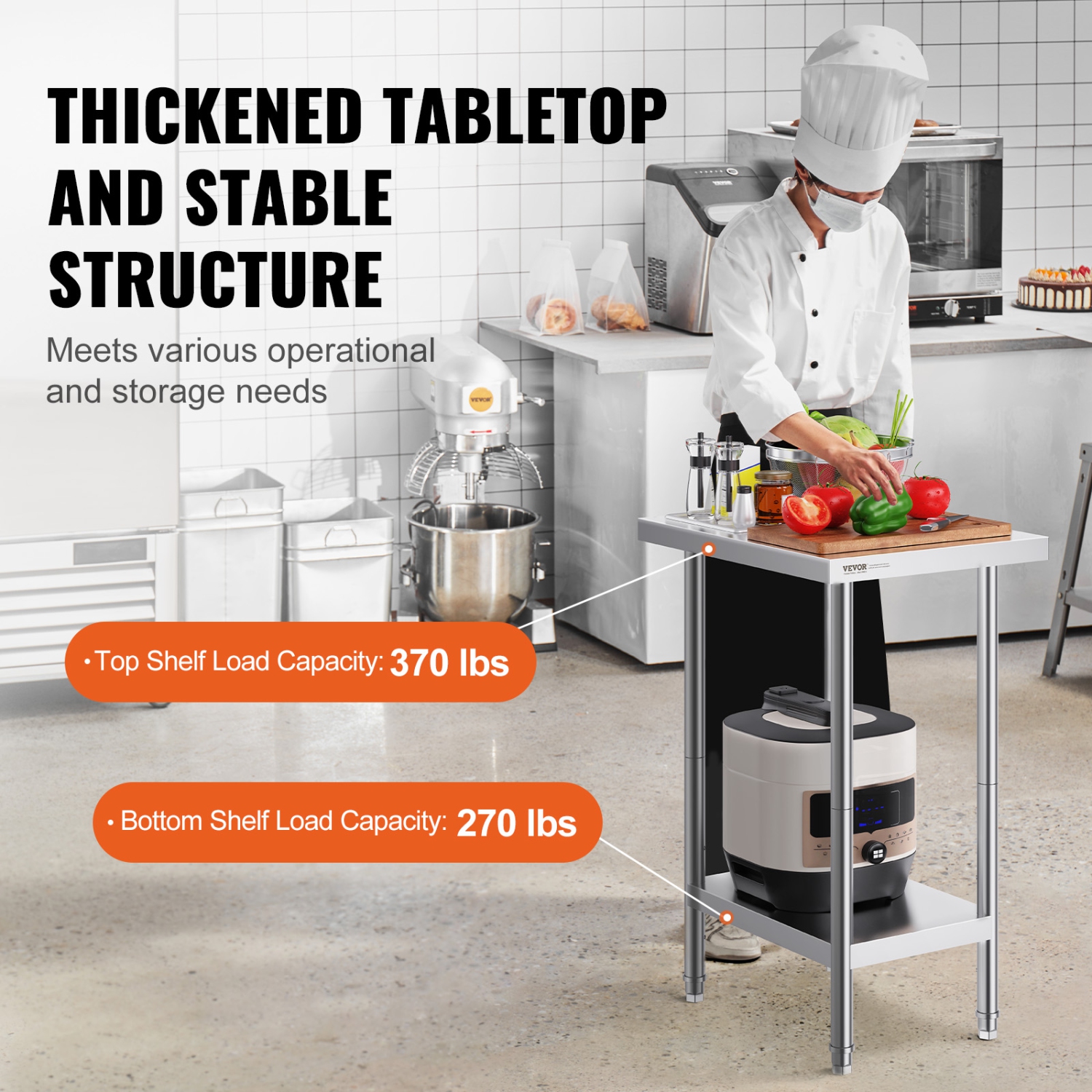 VEVOR 24 x 18 x 34 Inch Stainless Steel Prep Table, Heavy Duty Metal Worktable with 3 Adjustable Height Levels, Commercial Workstation for Kitchen