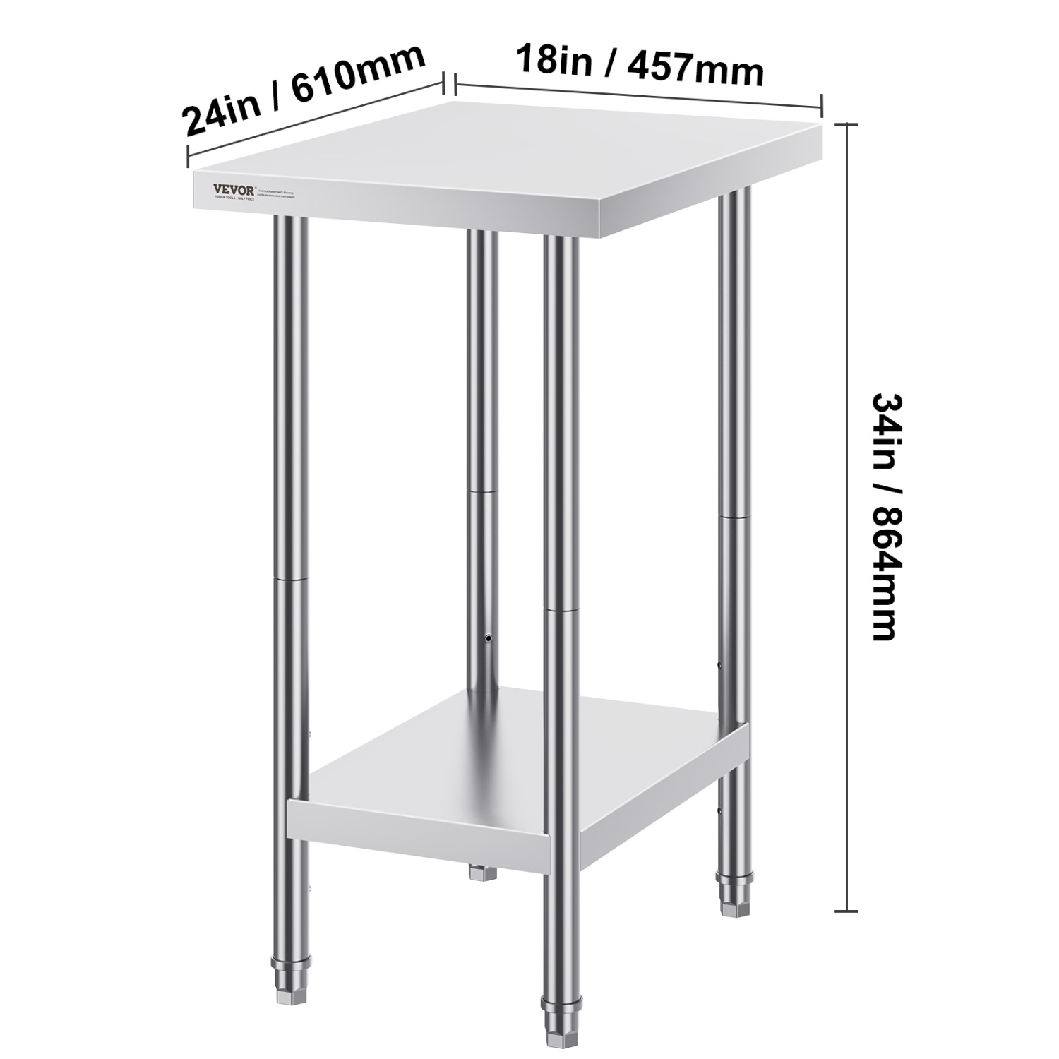 VEVOR 24 x 18 x 34 Inch Stainless Steel Prep Table, Heavy Duty Metal Worktable with 3 Adjustable Height Levels, Commercial Workstation for Kitchen