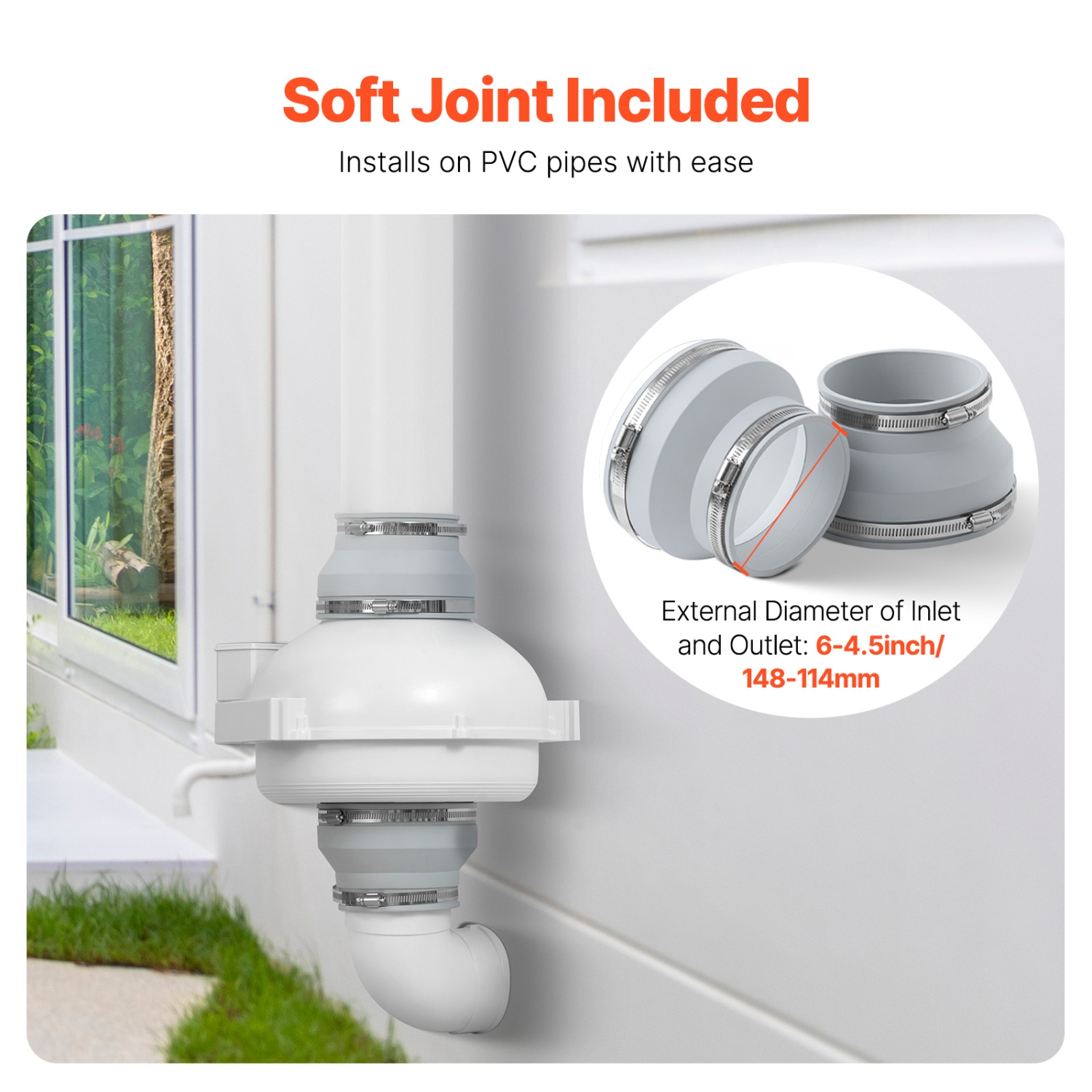 VEVOR 4 to 4.5 inch Radon Mitigation Fan System, Quiet 380 CFM Radon Mitigation Kit with 2 Couplers, Waterproof Radon Fan Electric Inline Duct Fan