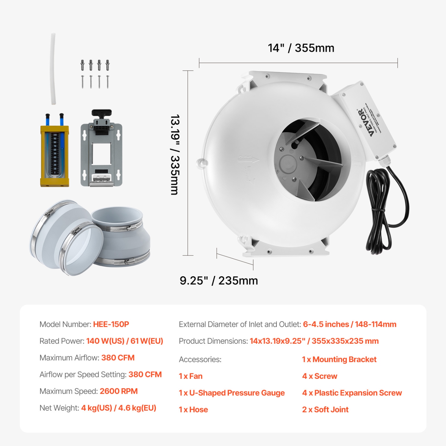 VEVOR 6 to 4.5 inch Radon Fan Installation Kit, Quiet 380CFM Radon Mitigation Fan System Kit with 2 Couplers, Pressure Indicator, Waterproof Inline