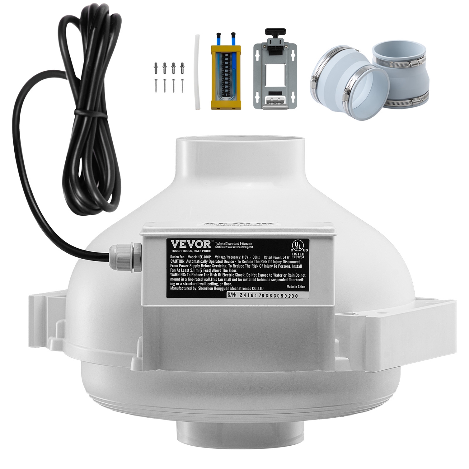 VEVOR 4 to 4.5 inch Radon Fan Installation Kit, Quiet 190CFM Radon Mitigation Fan System Kit with 2 Couplers, Pressure Indicator, Waterproof Inline