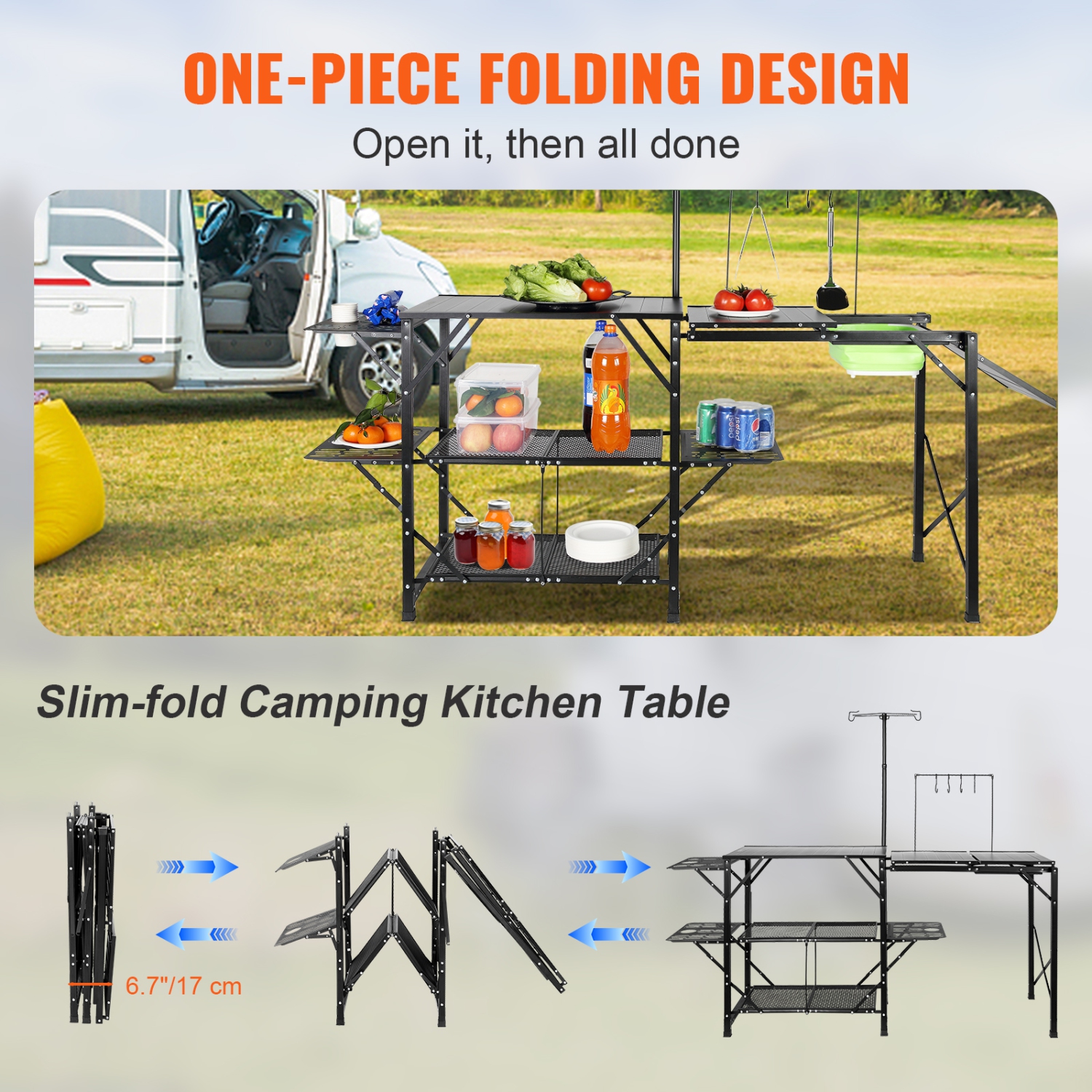 VEVOR One-piece Camping Kitchen Table, Folding Portable Cook Station with A Carrying Bag, Long Aluminum Camping Table 3 Side Tables, 2 Shelves & A