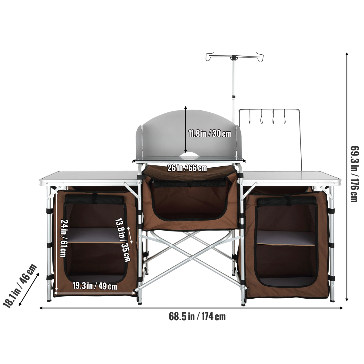 VEVOR Camping Kitchen Table, Folding Outdoor Cooking Table with Storage Carrying Bag, Aluminum Cook Station 3 Cupboard & Detachable Windscreen, Quick