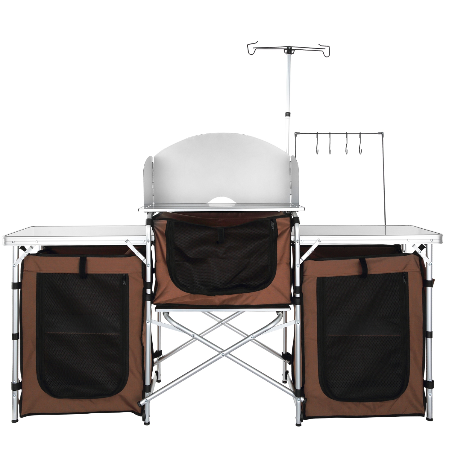 VEVOR Camping Kitchen Table, Folding Outdoor Cooking Table with Storage Carrying Bag, Aluminum Cook Station 3 Cupboard & Detachable Windscreen, Quick