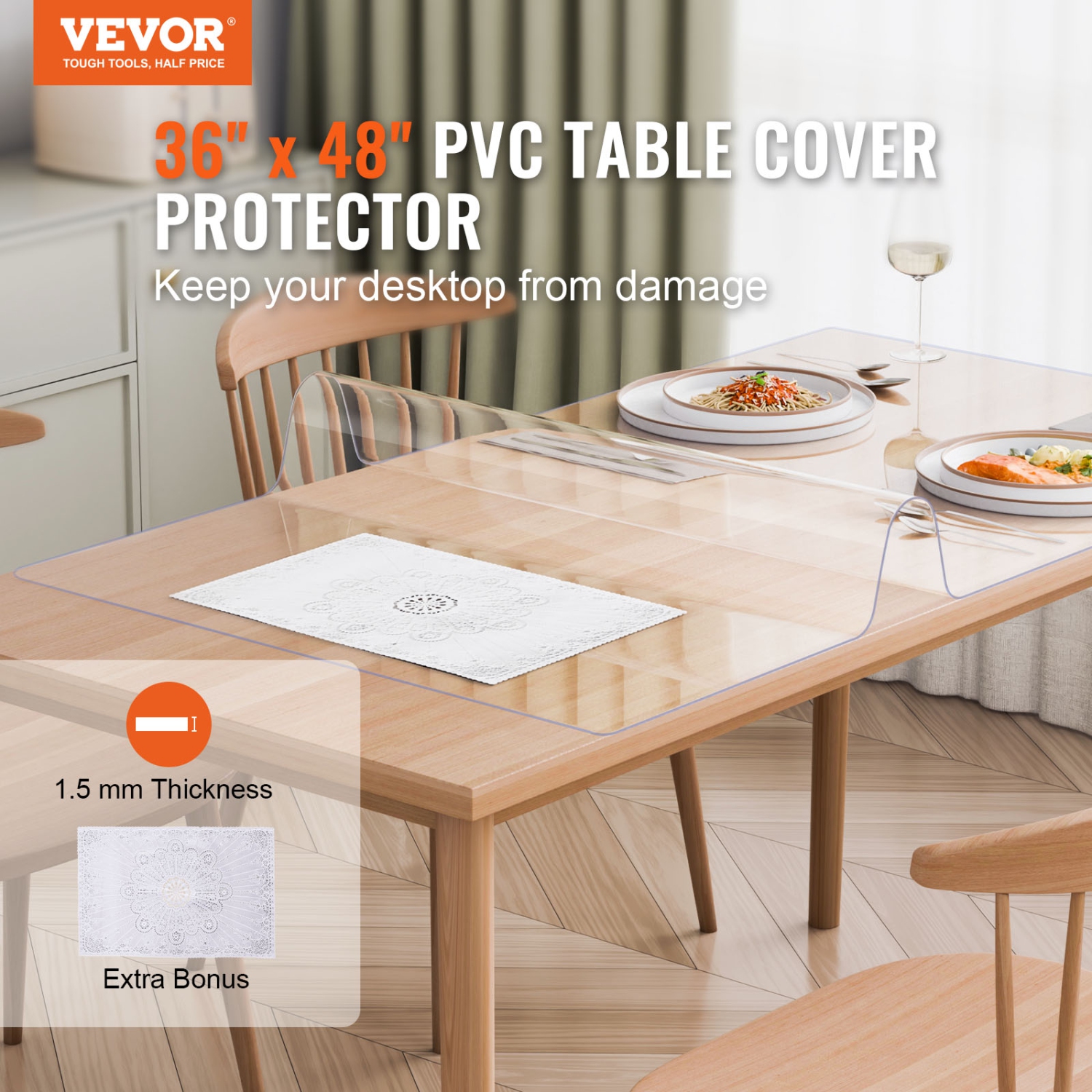 VEVOR 36 x 48 Inch Plastic Table Cover, 1.5 mm Thick Clear Table Protector, Rectangle PVC Desk Mat, Waterproof & Easy Cleaning Desk Pad Tablecloth,
