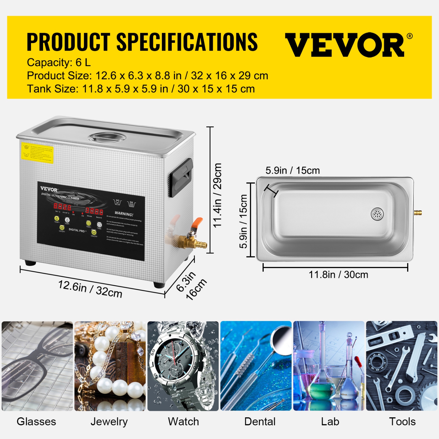 VEVOR 6L Upgraded Ultrasonic Cleaner Professional Digital Lab Ultrasonic Parts Cleaner with Heater Timer for Jewelry Glasses Cleaning