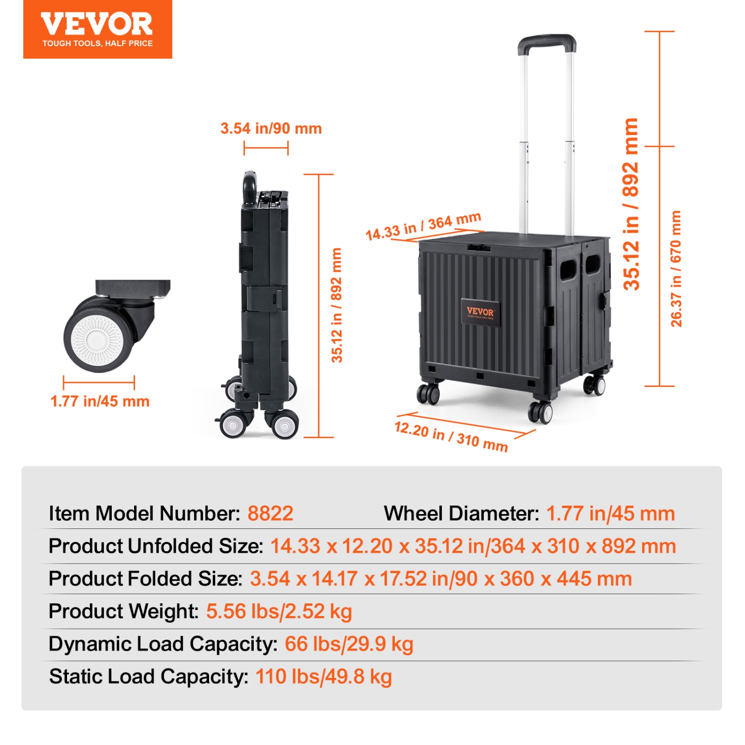 VEVOR 110 lbs Load Foldable Utility Cart, Folding Portable Rolling Crate Handcart with Heavy Duty Telescoping Handle and 4 Rotate Wheels for Travel