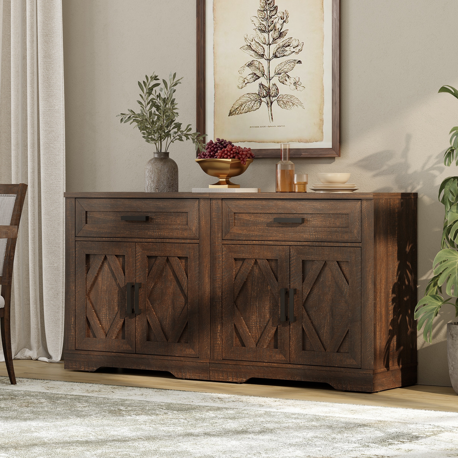 Buffet 2 en 1 WAMPAT, armoire de rangement de cuisine de 63&nbsp;po de largeur avec tiroirs et portes, armoire d'appoint de bar à café Farmhouse,