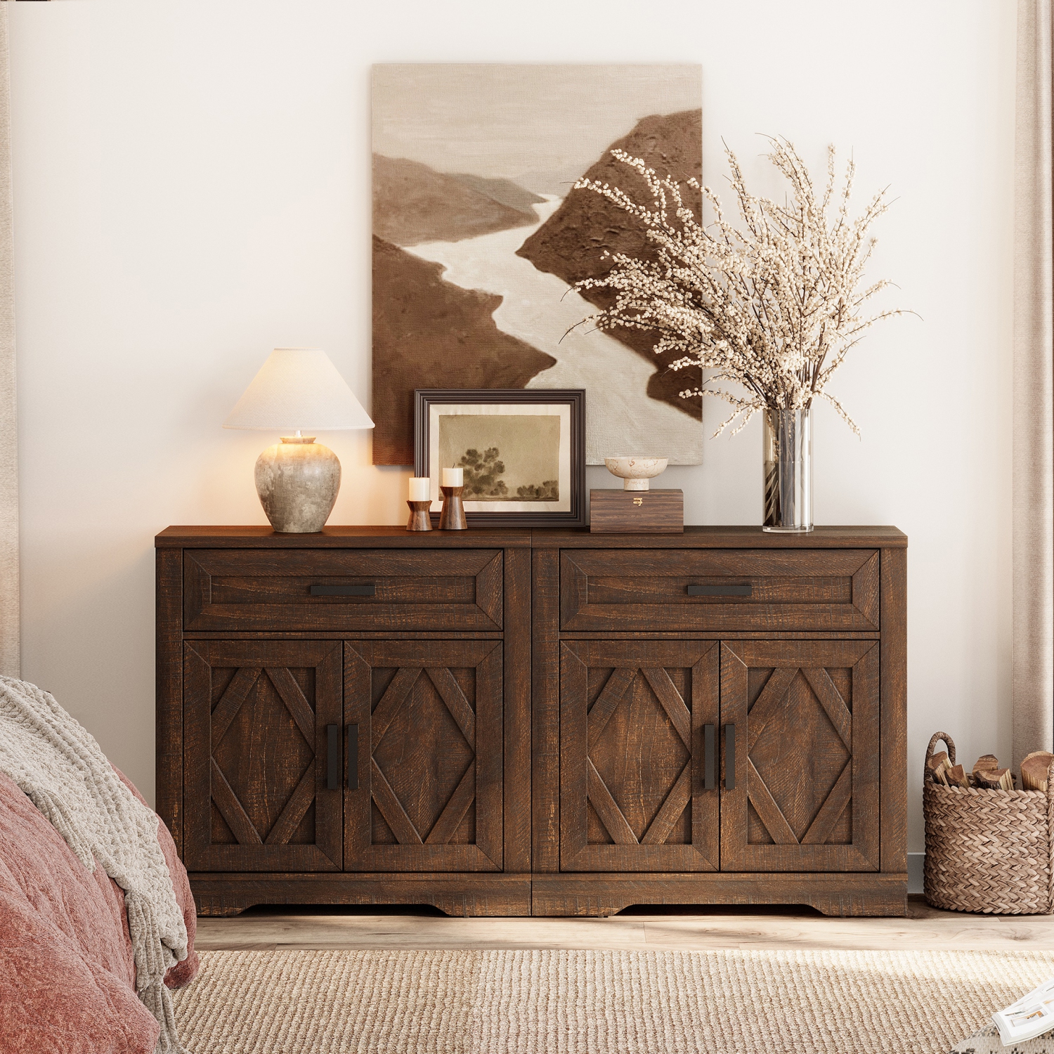 Buffet 2 en 1 WAMPAT, armoire de rangement de cuisine de 63&nbsp;po de largeur avec tiroirs et portes, armoire d'appoint de bar à café Farmhouse,